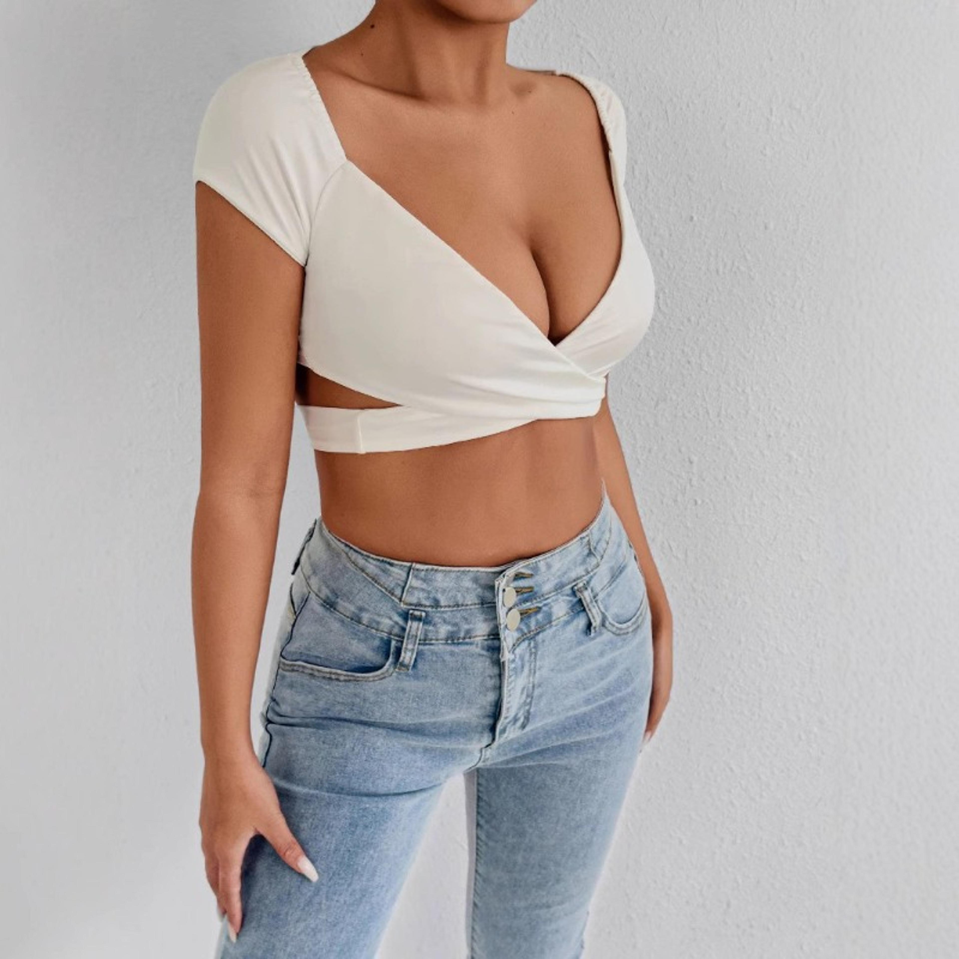 Womens V Neck Crop Top Slim Fit Stretch Tee For Summer Casual  Going Out 1