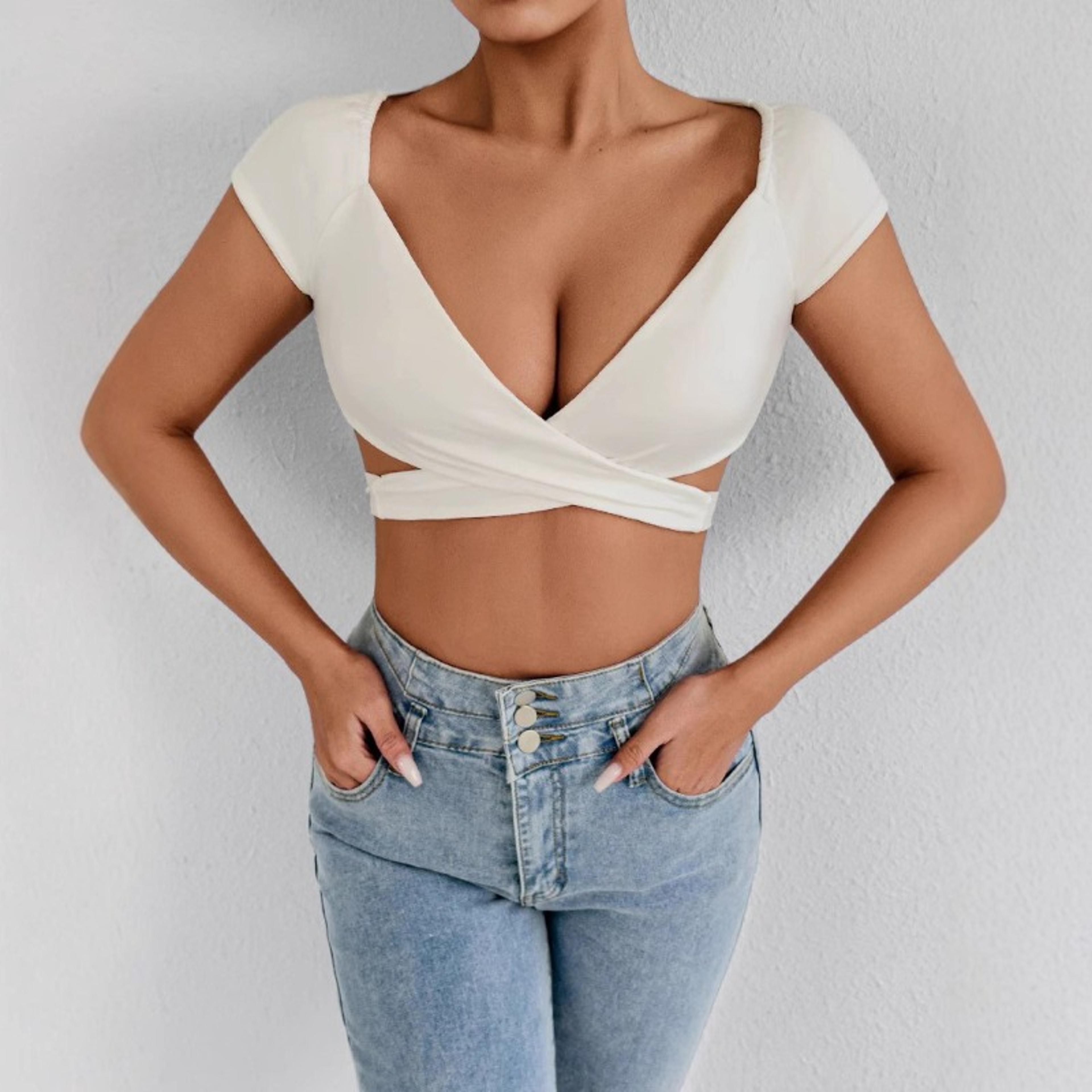 Womens V Neck Crop Top Slim Fit Stretch Tee For Summer Casual  Going Out 2