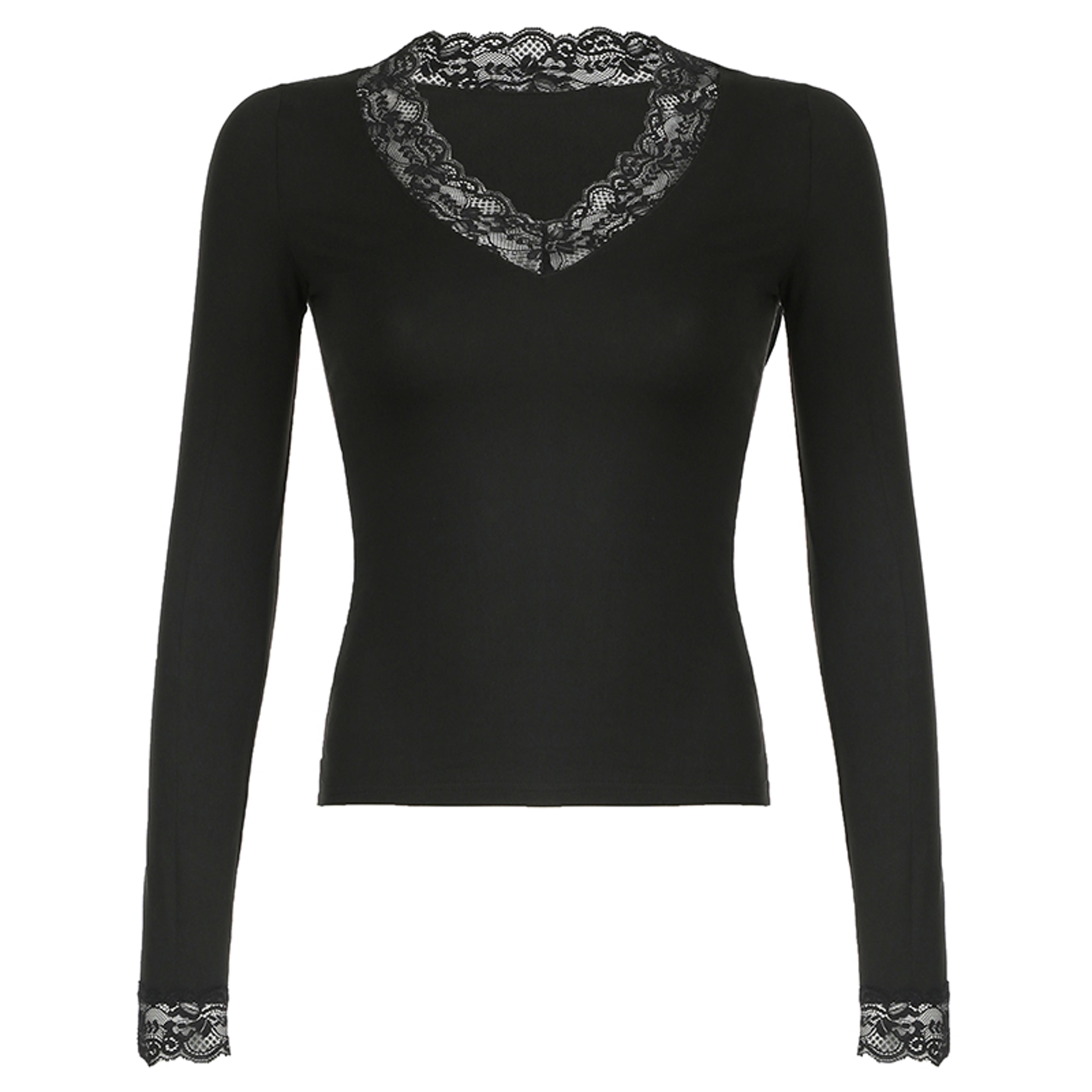 Lace Patchwork V Neck Fitted Top For Women Long Sleeve Black Slim Fit Tee 5