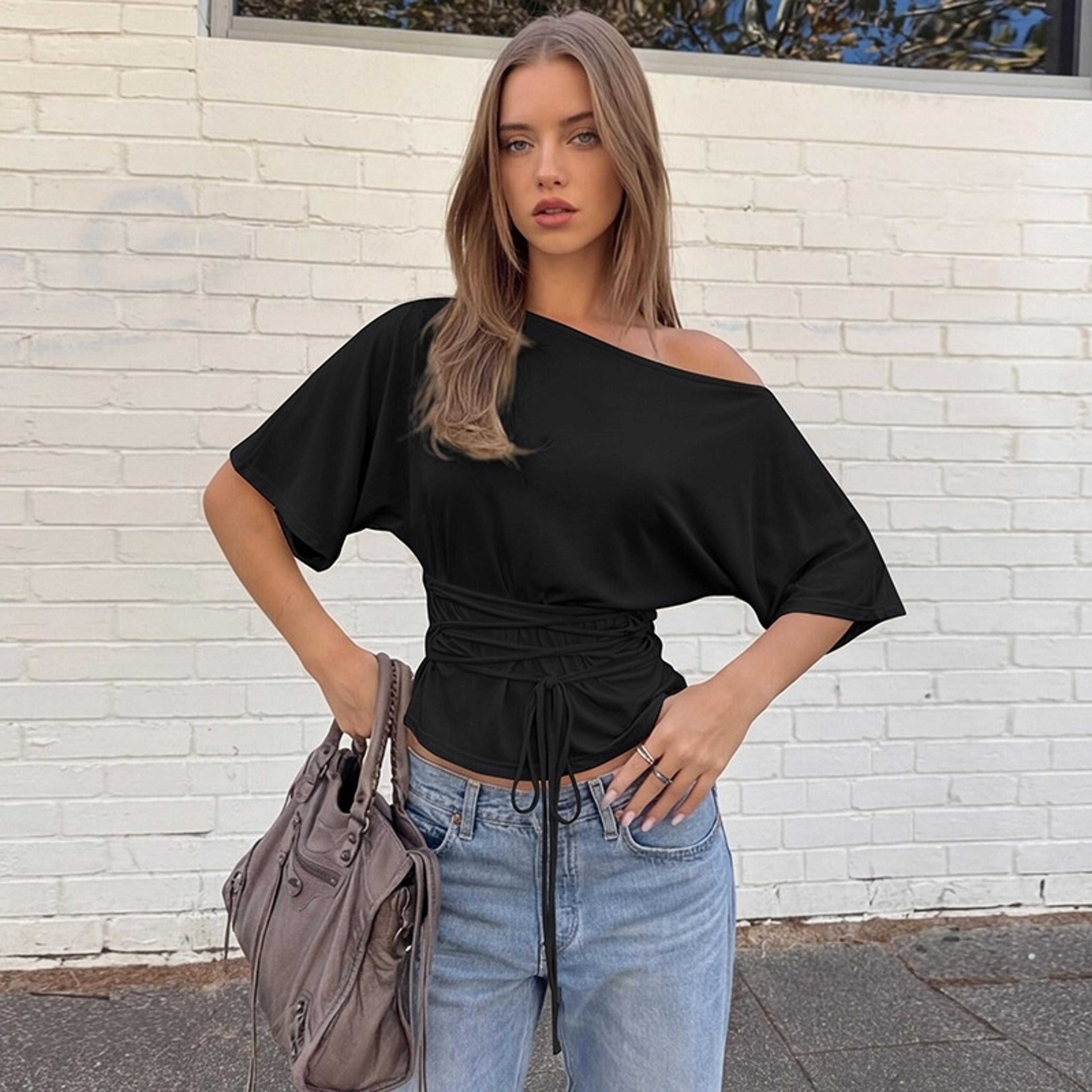 Womens Off Shoulder Asymmetrical Neck Top Drawstring Waist Slim Fit Casual TShirt 3