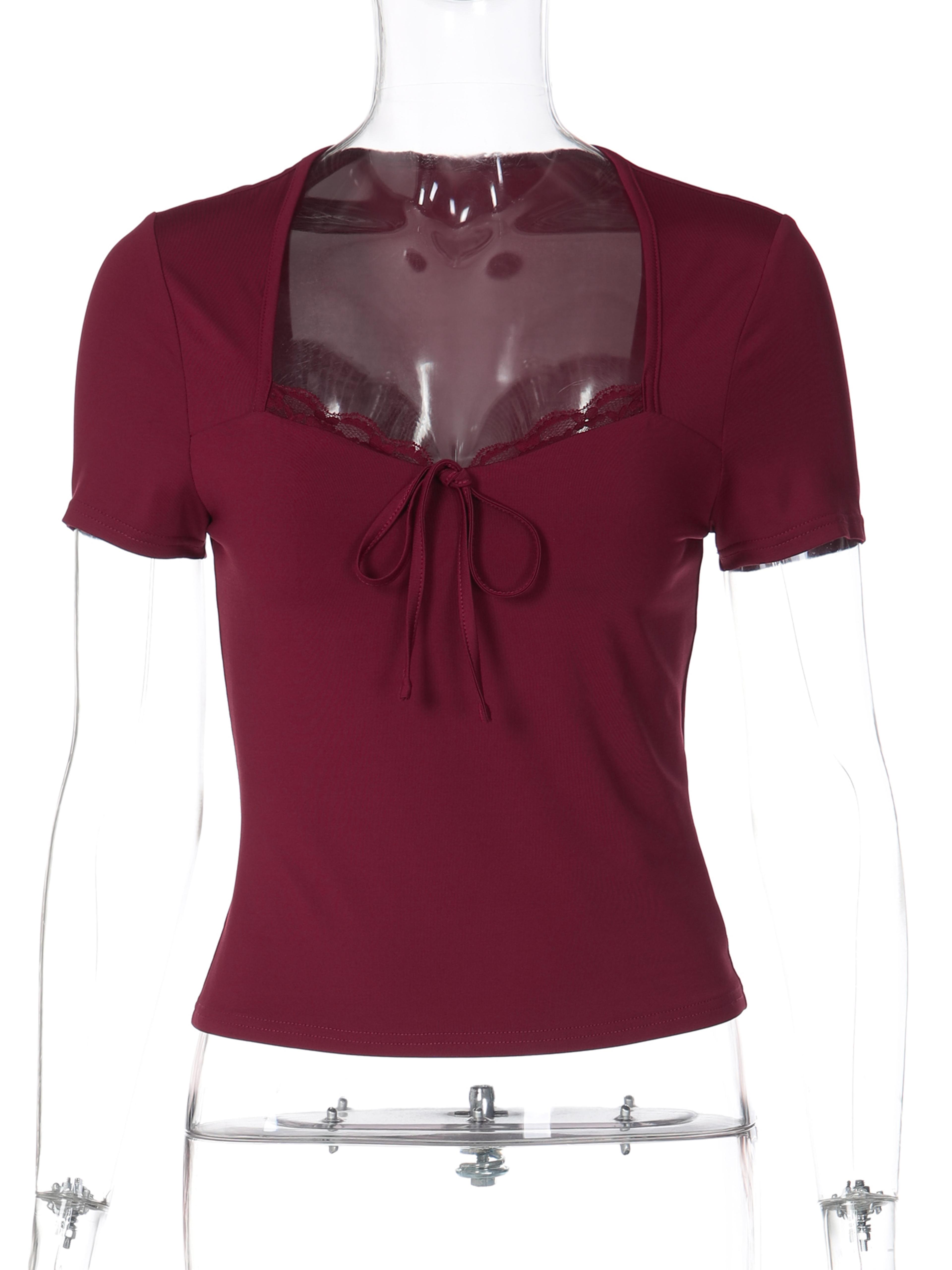 Womens Square Neck Crop Top With Lace Patchwork Short Sleeve Y2K Summer Party Tee 6