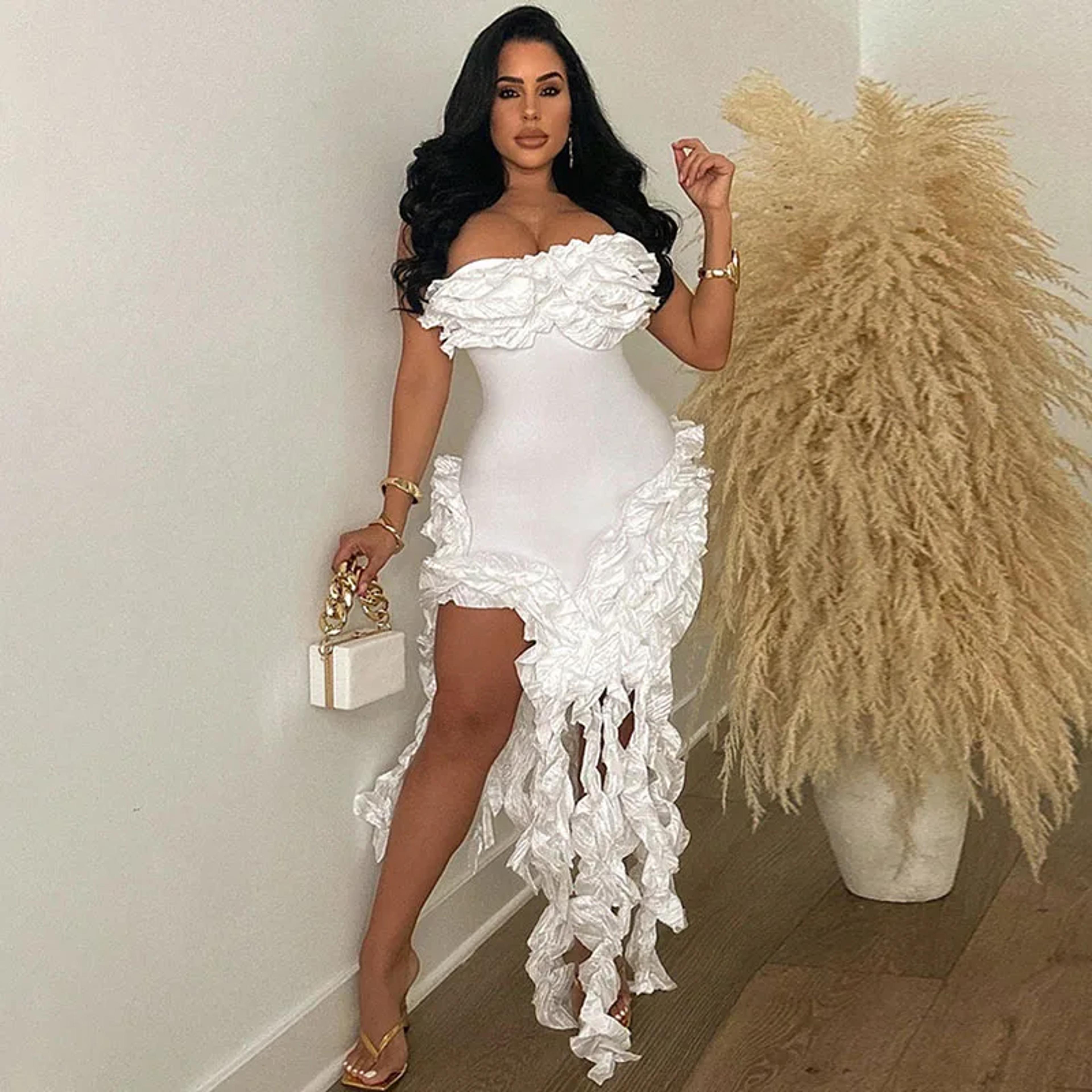 Strapless Evening Dress With Ruffle Tassel Detail Elegant Formal Gown For Birthday  Party 8