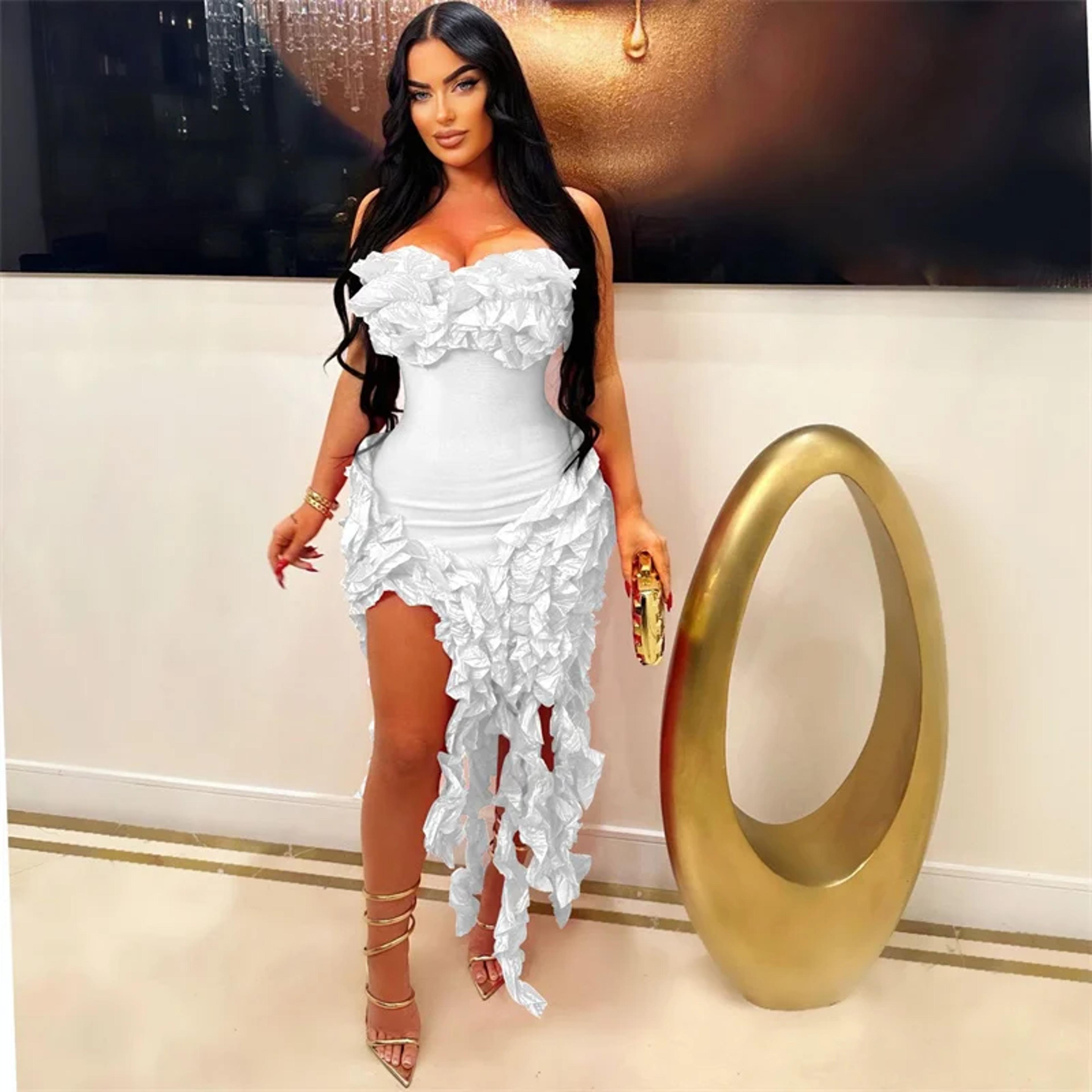 Strapless Evening Dress With Ruffle Tassel Detail Elegant Formal Gown For Birthday  Party 5