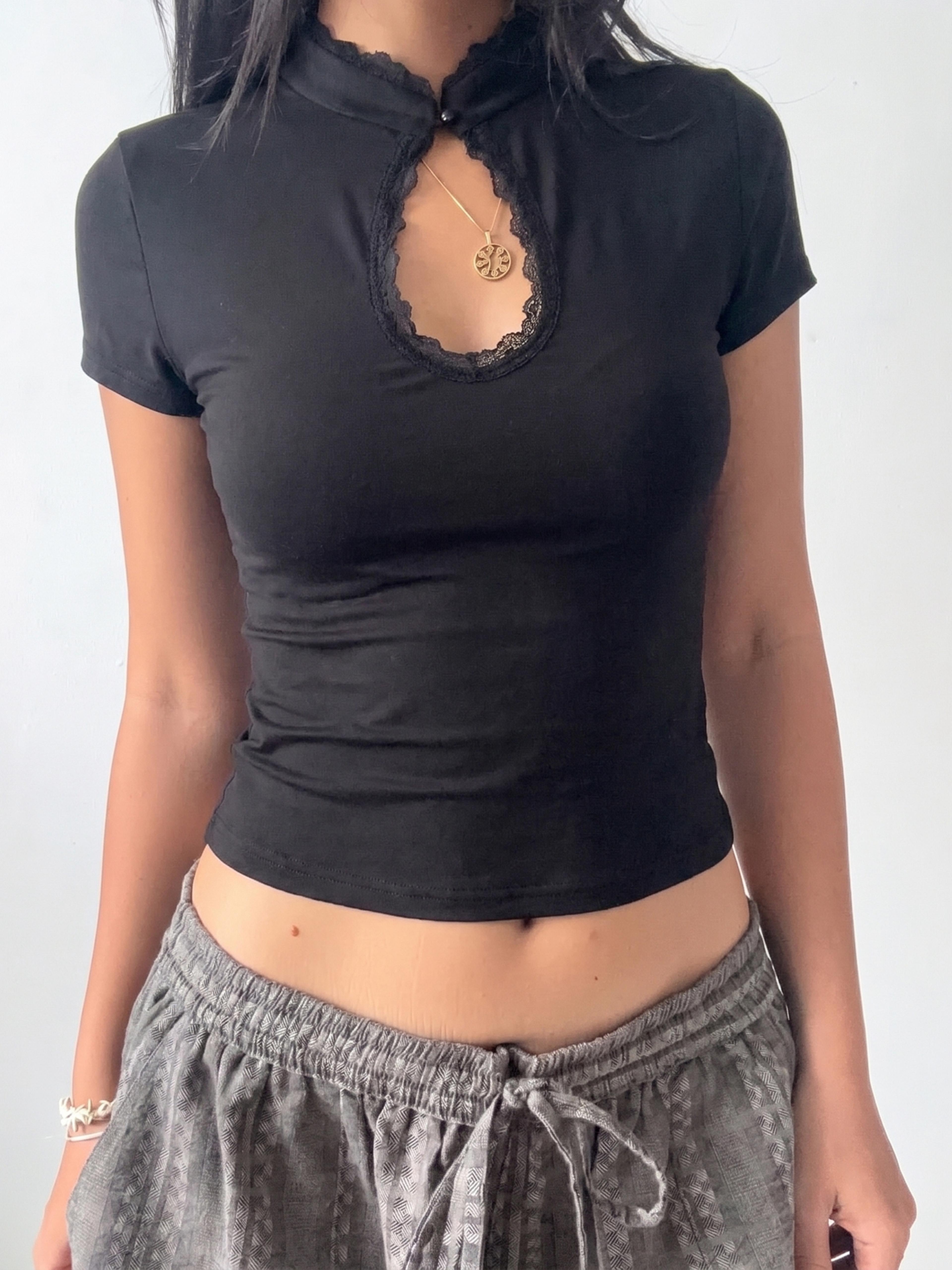 Lace Patchwork Hollow Out Ruffle Top For Women Casual Party TShirt 6