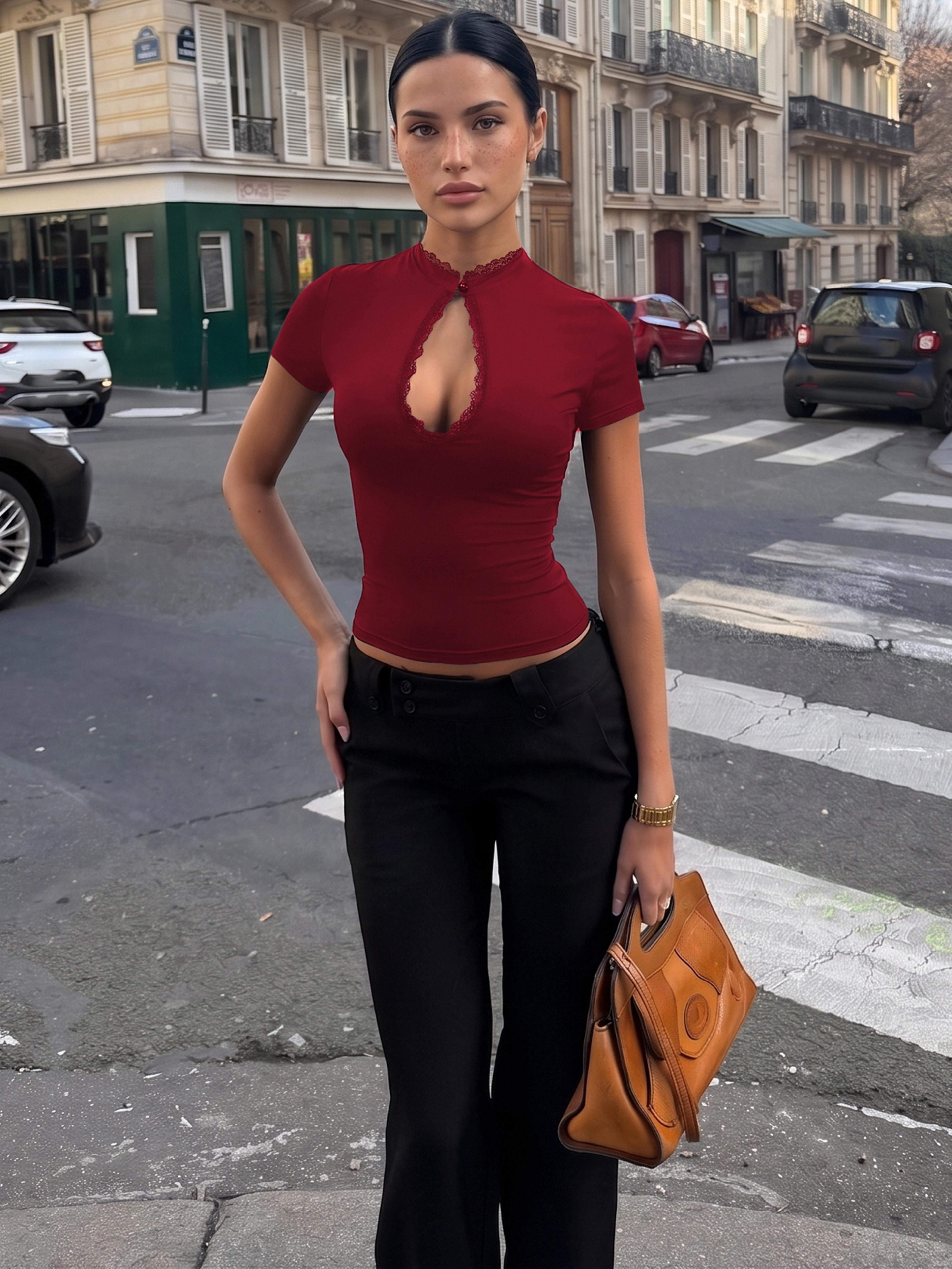 Lace Patchwork Hollow Out Ruffle Top For Women Casual Party TShirt 1
