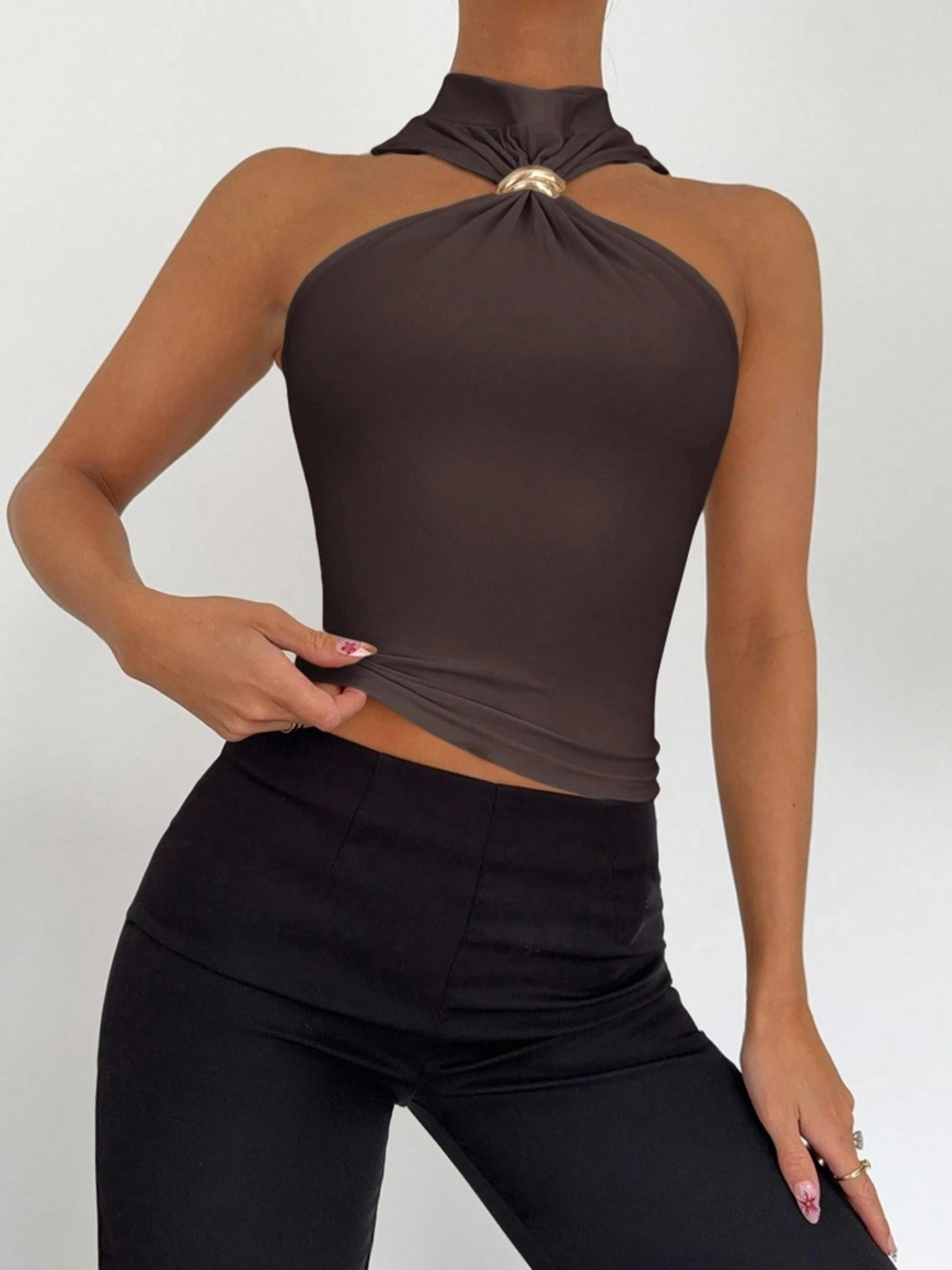 Metal Ring Halter Neck Crop Top For Women Twist Knot Slim Fit Crop Top Sleeveless Office  Casual Ta 14