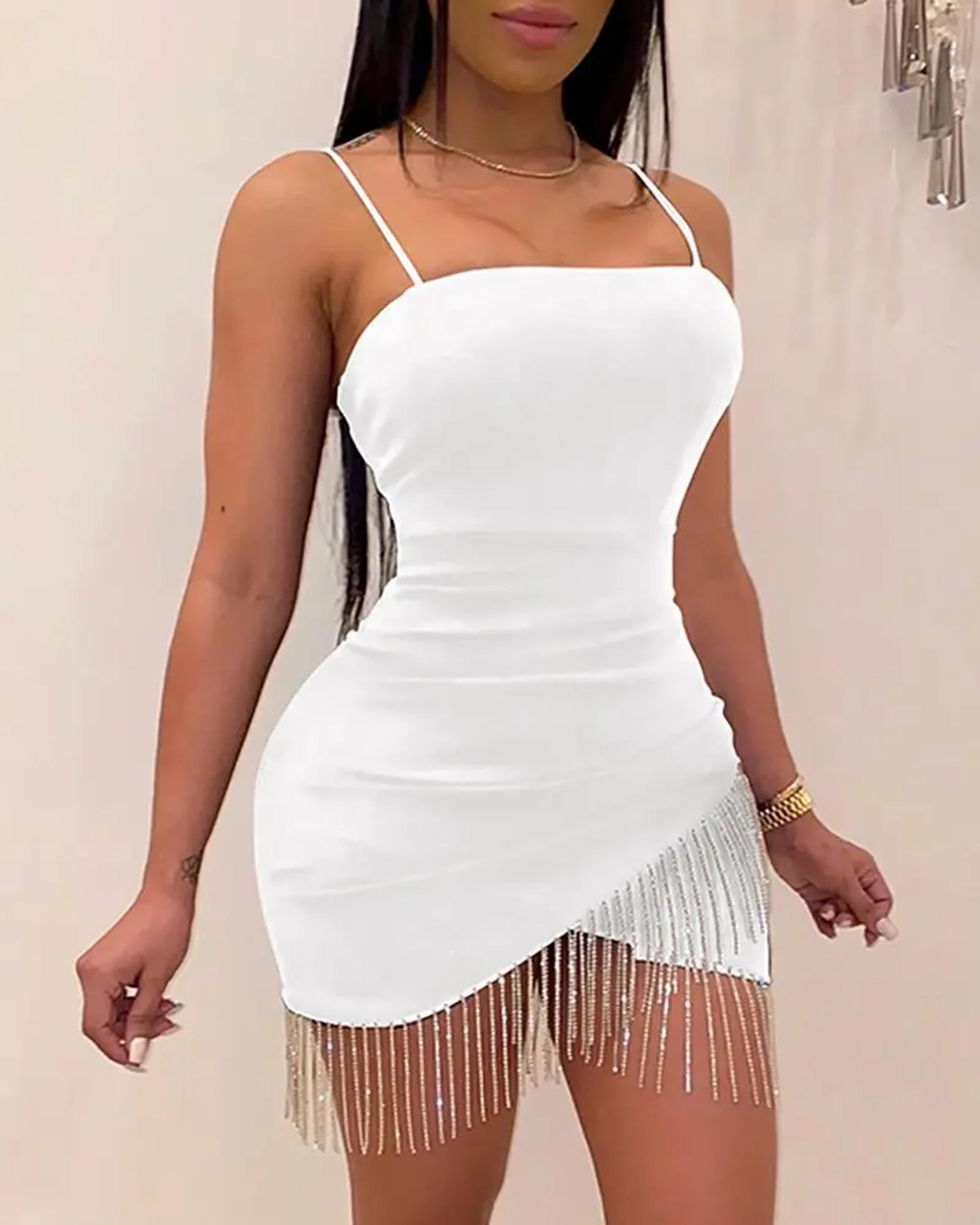 Elegant Tassel Mini Dress For Women Sleeveless Bodycon Birthday Party Cocktail Dress 1