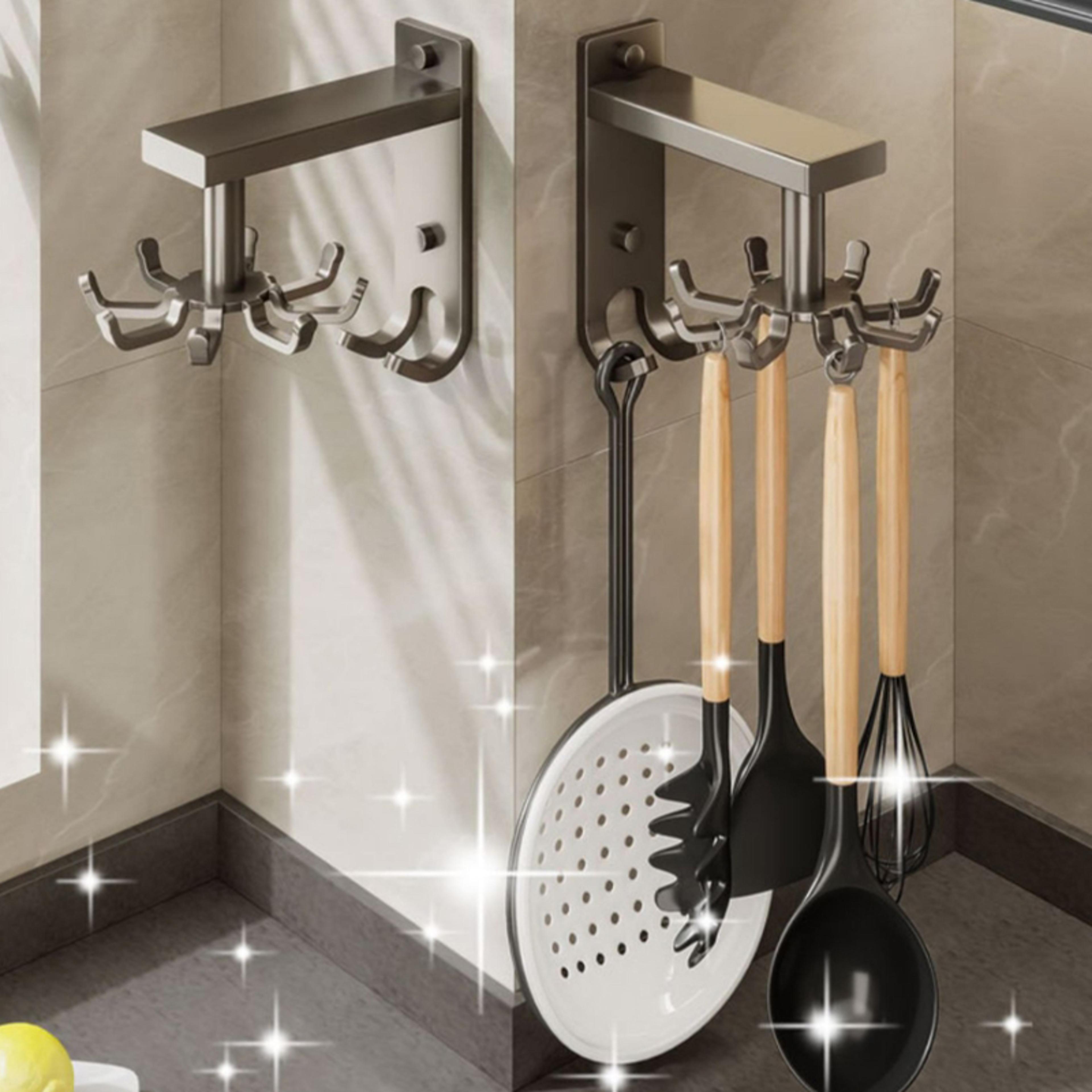 Rotating Kitchen Utensil Holder Wall Mounted Kitchen Organizer With Aluminum Hooks 0