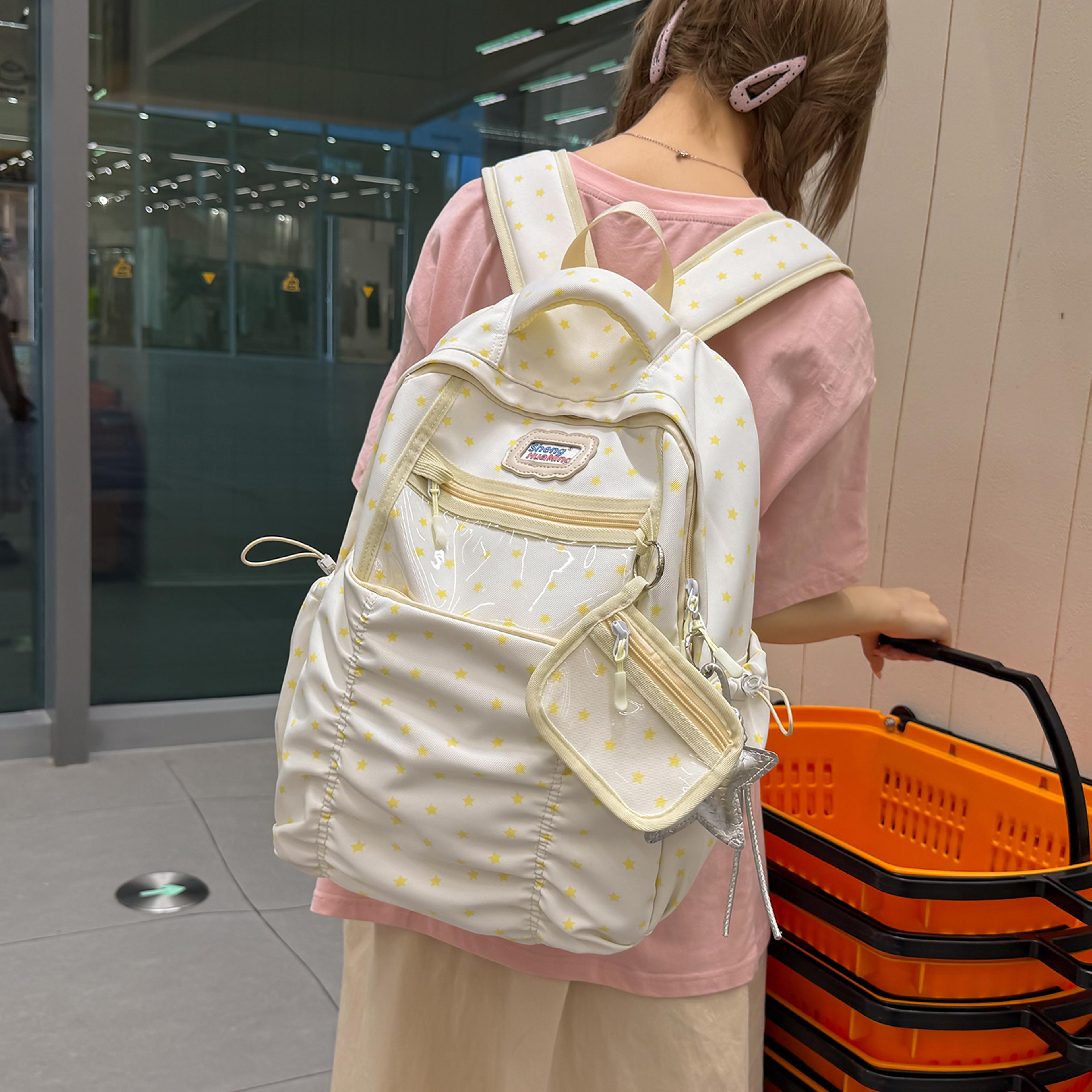 Back To School Backpack Star Print Nylon Backpack For Women Cute Casual Daypack With Transparent Fr 5