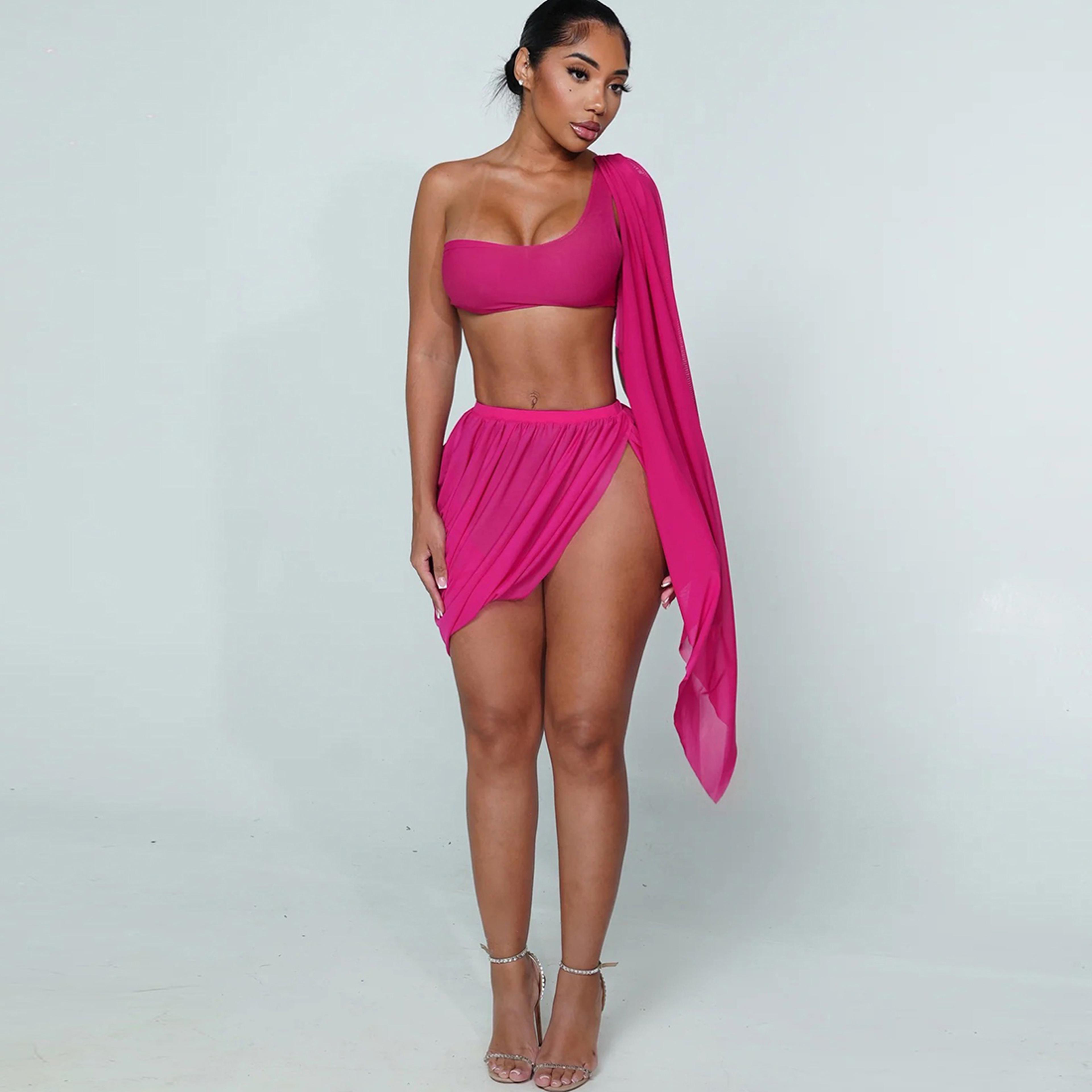 Outfit Set Mesh Set With See Through Crop Top  Ruched Split Skirt 4