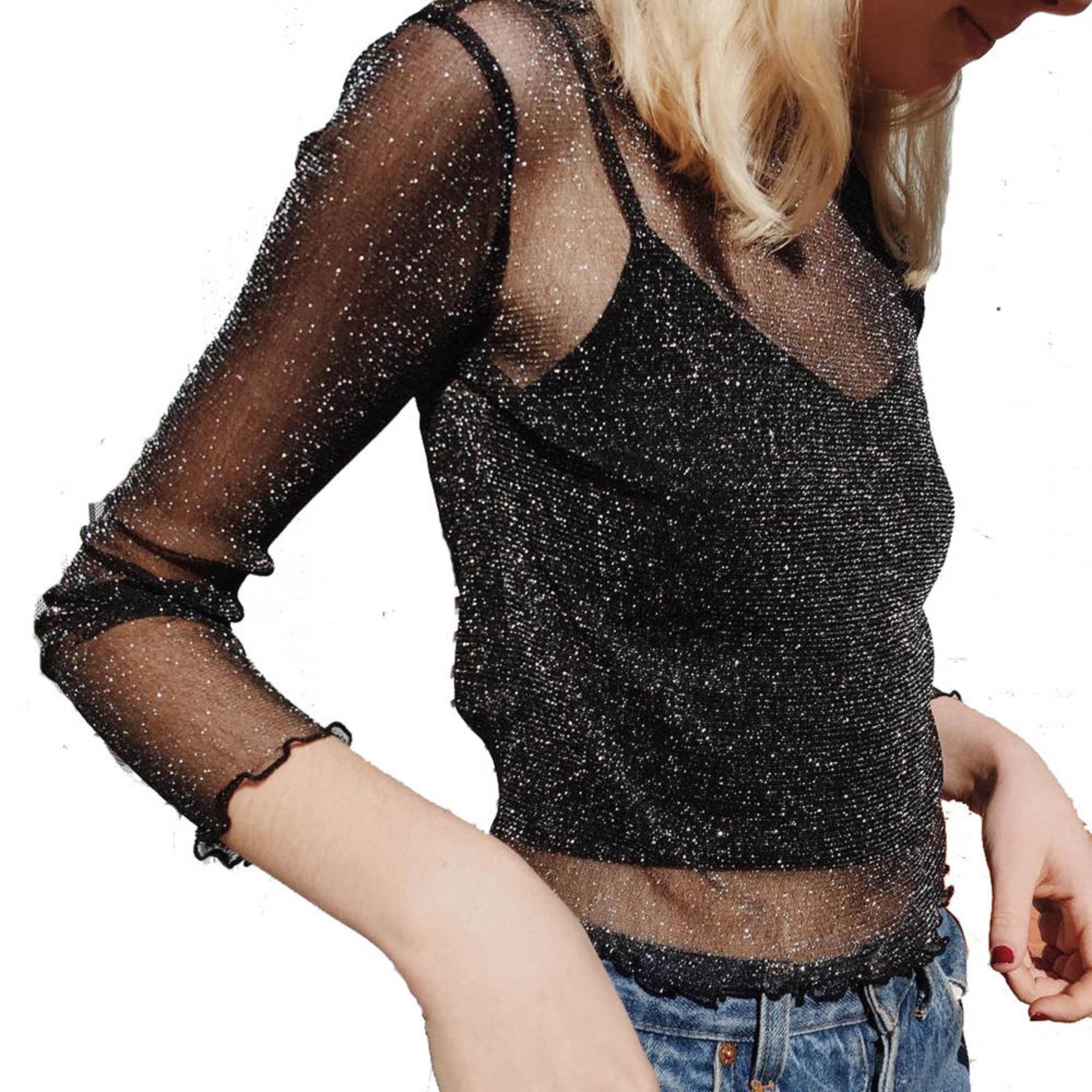Sheer Mesh Long Sleeve Top For Women Black See Through Club Party Shirt 1