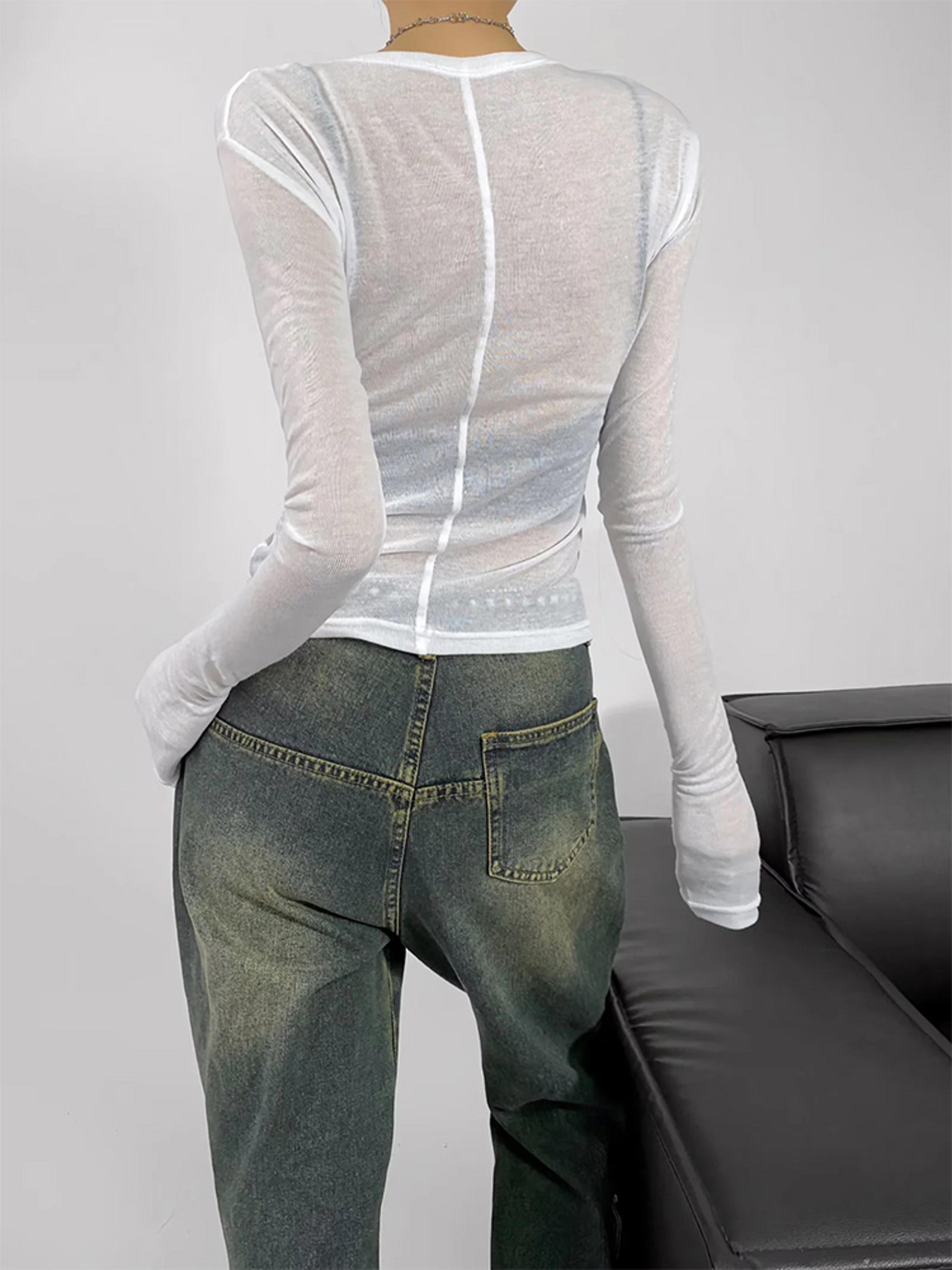 Sheer Elegance Semi Sheer Long Sleeve Top For Women Crew Neck Fitted Long Sleeve Shirt 3