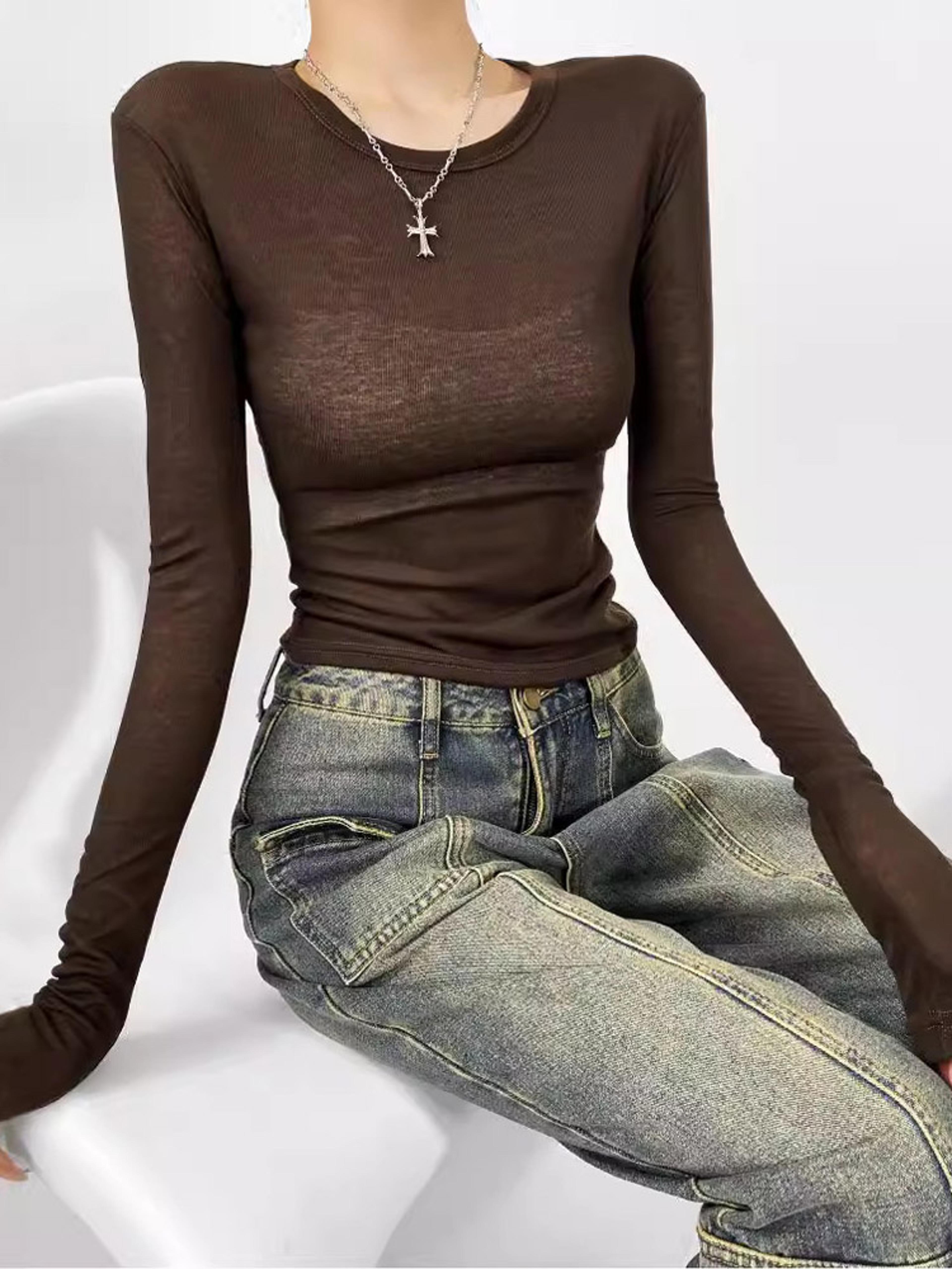 Sheer Elegance Semi Sheer Long Sleeve Top For Women Crew Neck Fitted Long Sleeve Shirt 6