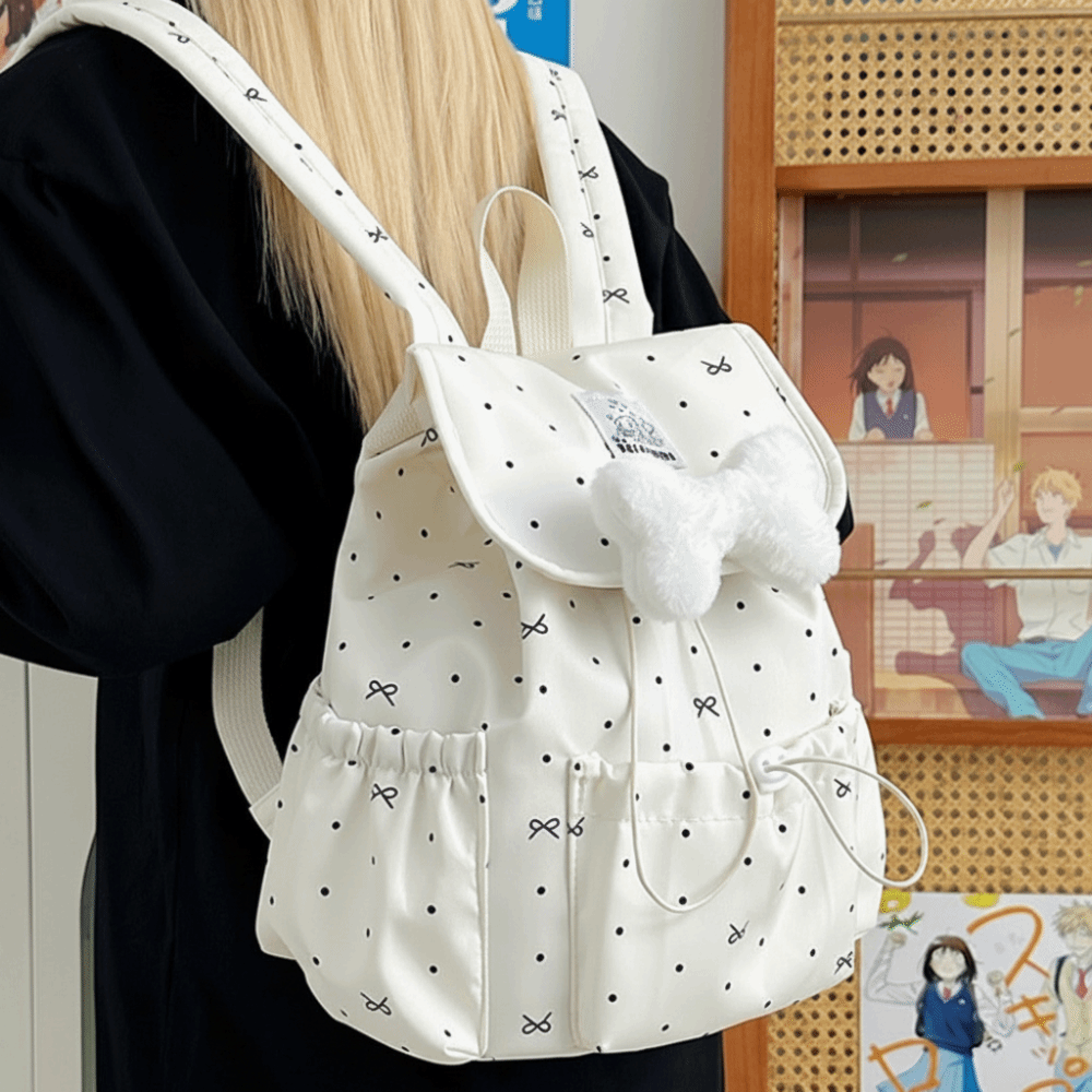 Womens Backpack Large Capacity Drawstring Backpack With Polka Dot Design Preppy School Travel Bag 5