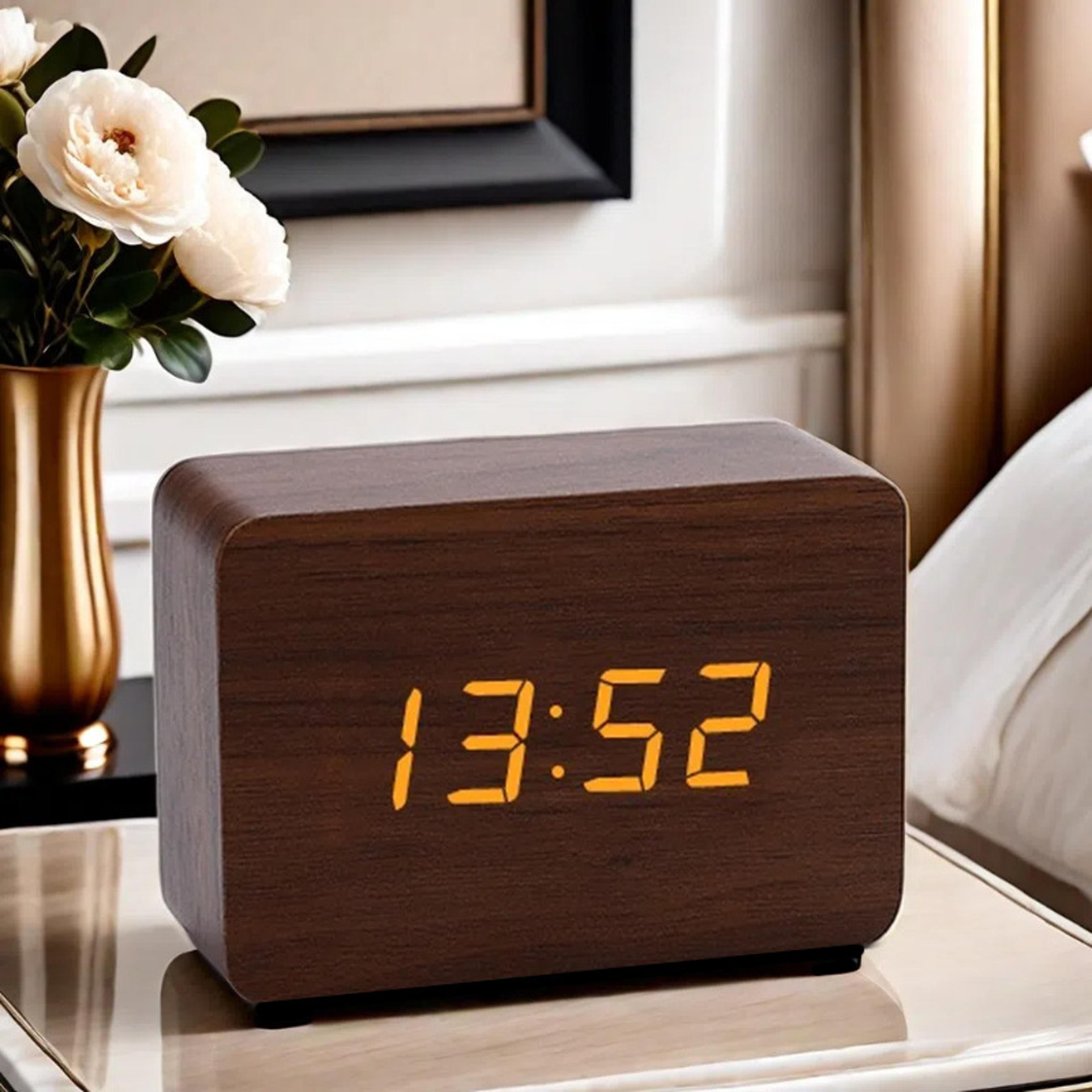 Wooden LED Alarm Clock Digital Wooden Clock Voice Control LED Desk Clock For Bedroom Office Home De 6