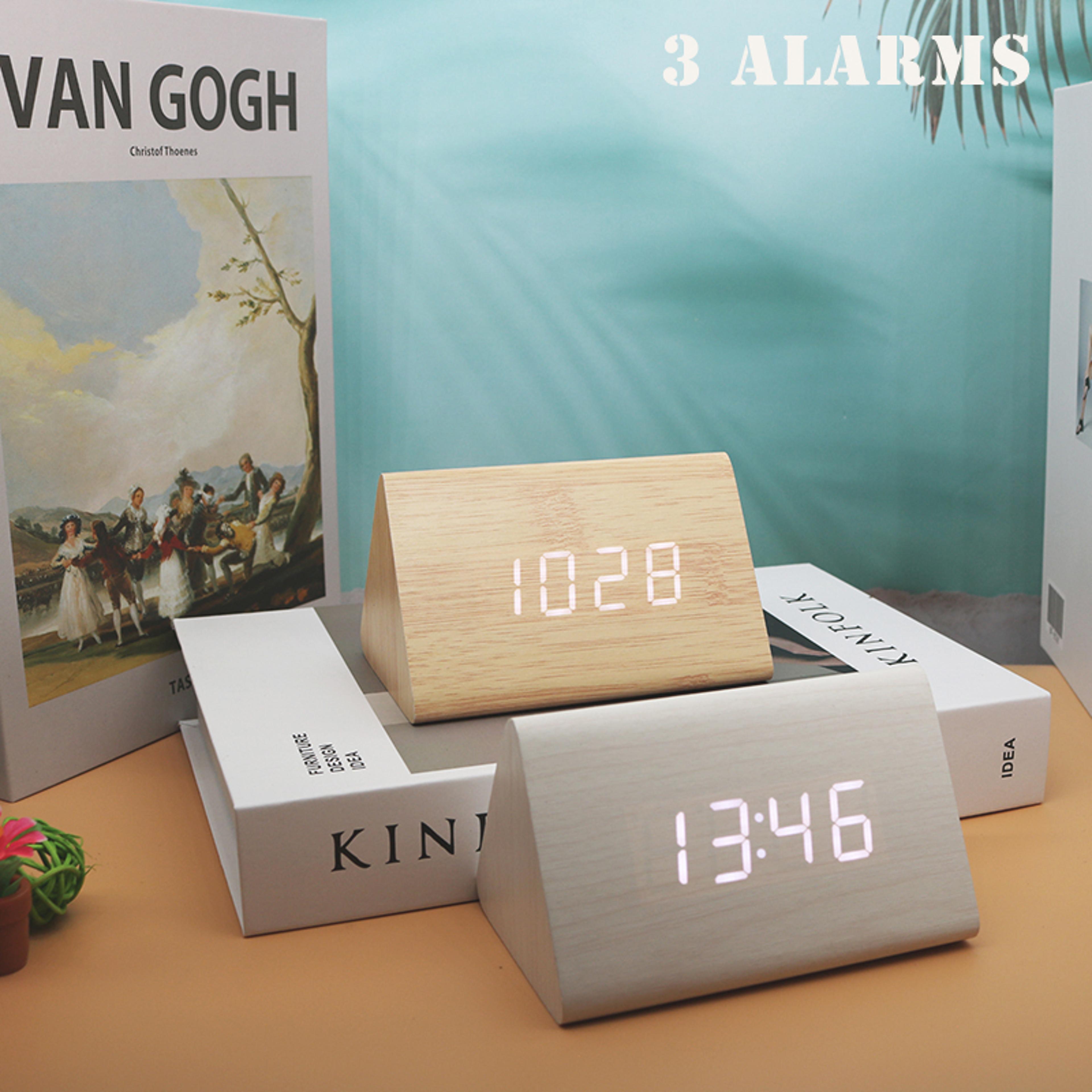 Wooden Digital Alarm Clock With LED Time Date Temperature Display For Bedroom Bedside Office 4