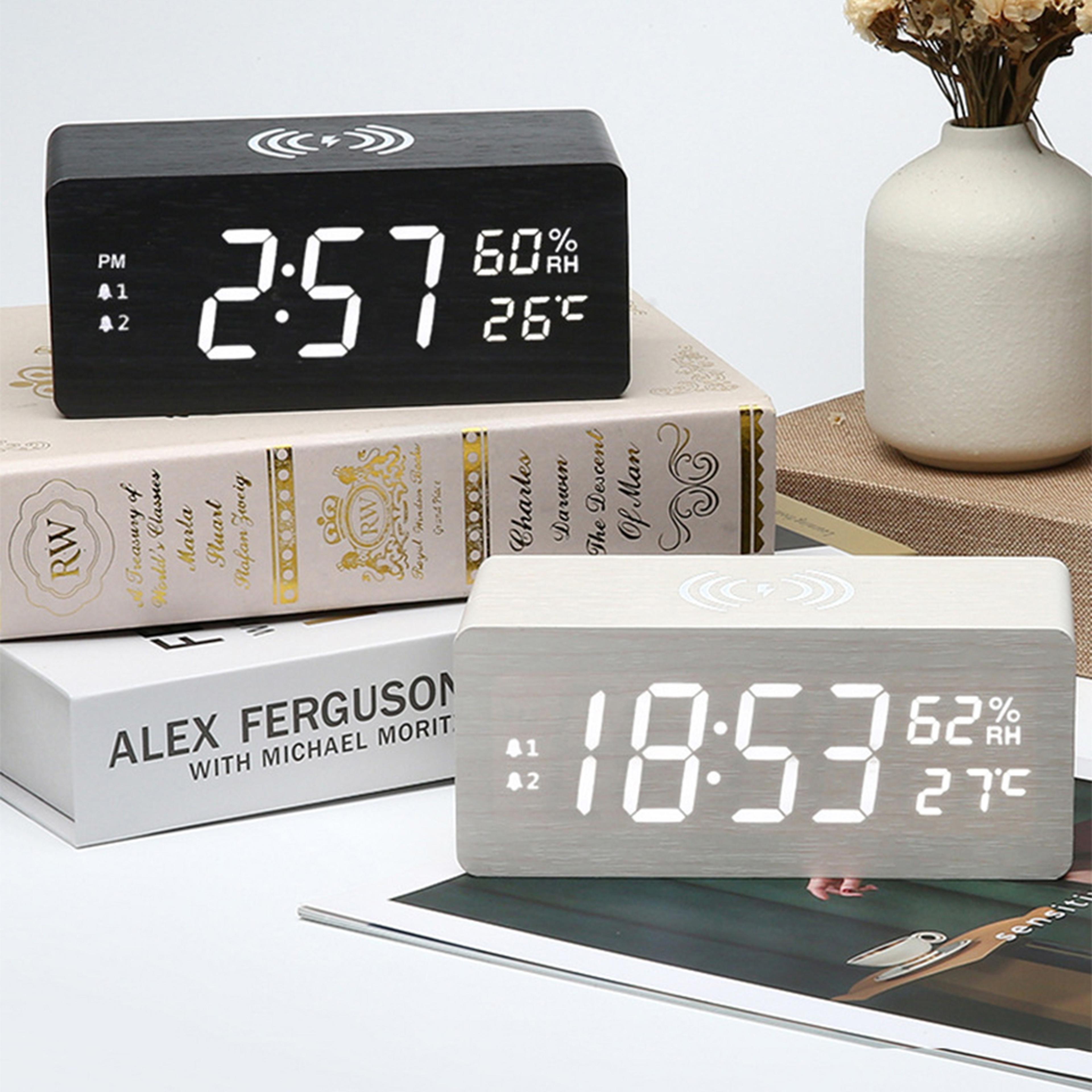 Fast Wireless Charging Alarm Clock Wooden LED Digital Desk Clock With Temperature Humidity Display 3