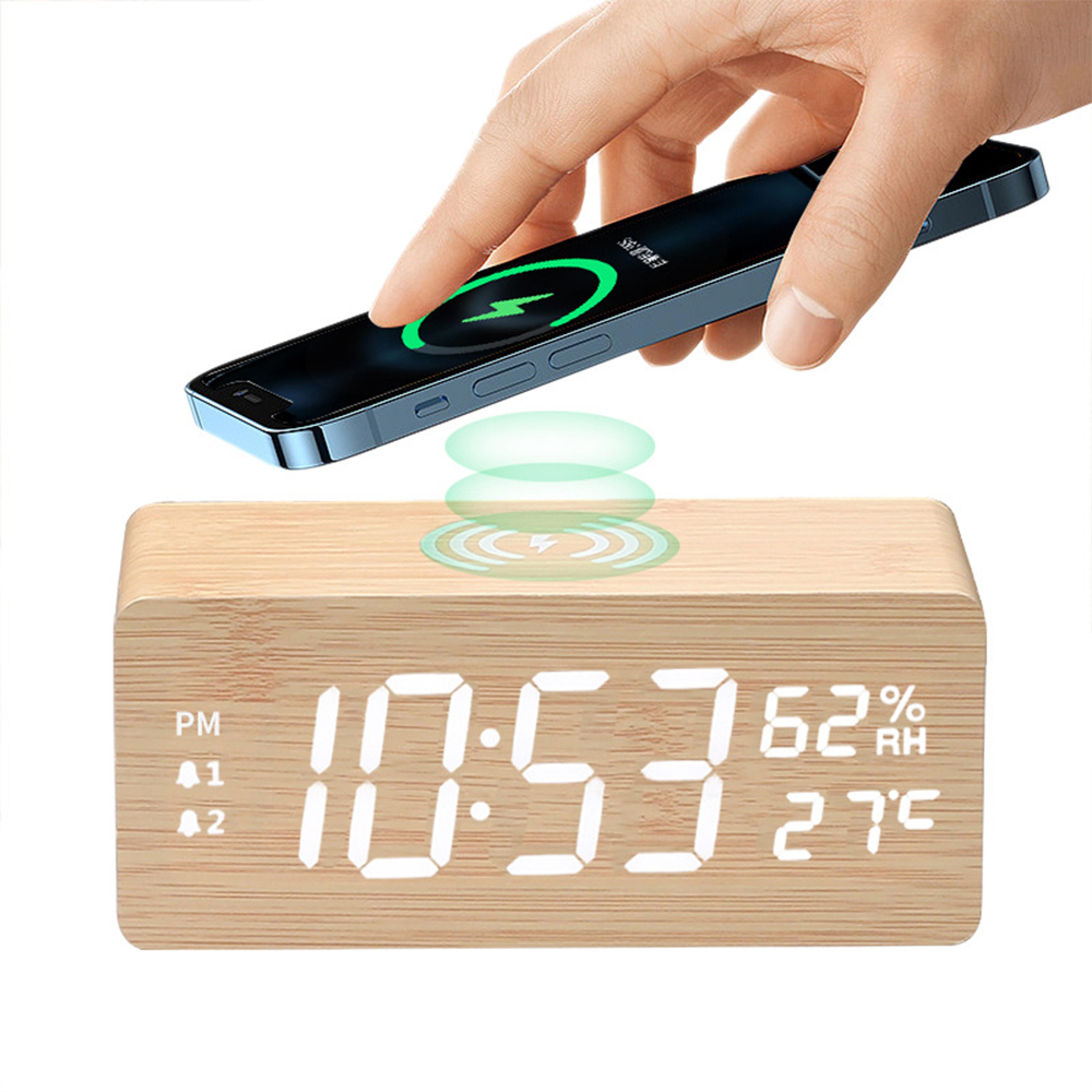 Fast Wireless Charging Alarm Clock Wooden LED Digital Desk Clock With Temperature Humidity Display 0