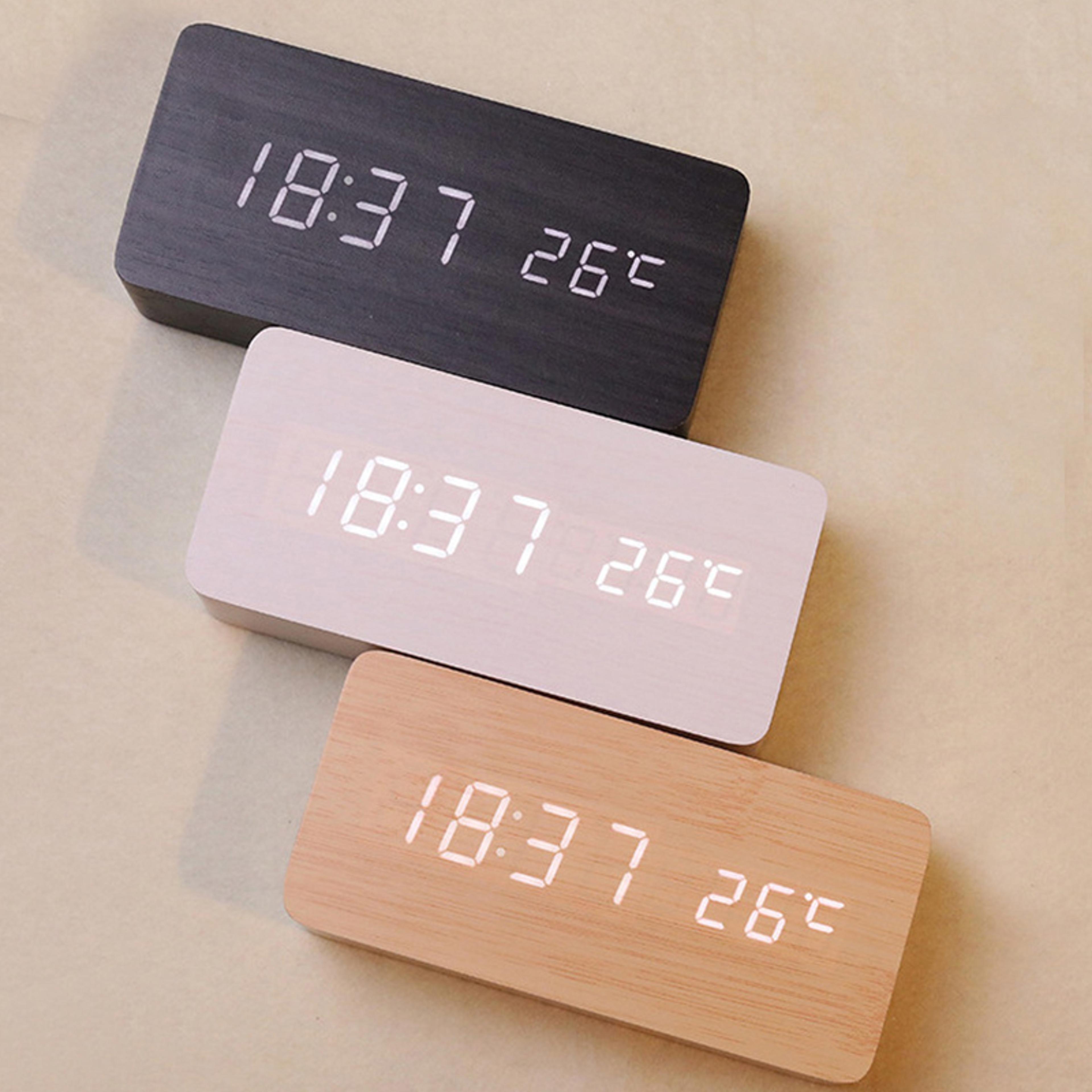 Wooden LED Alarm Clock With Voice Control Digital Desk Clock For Bedroom Office Home Decor 6