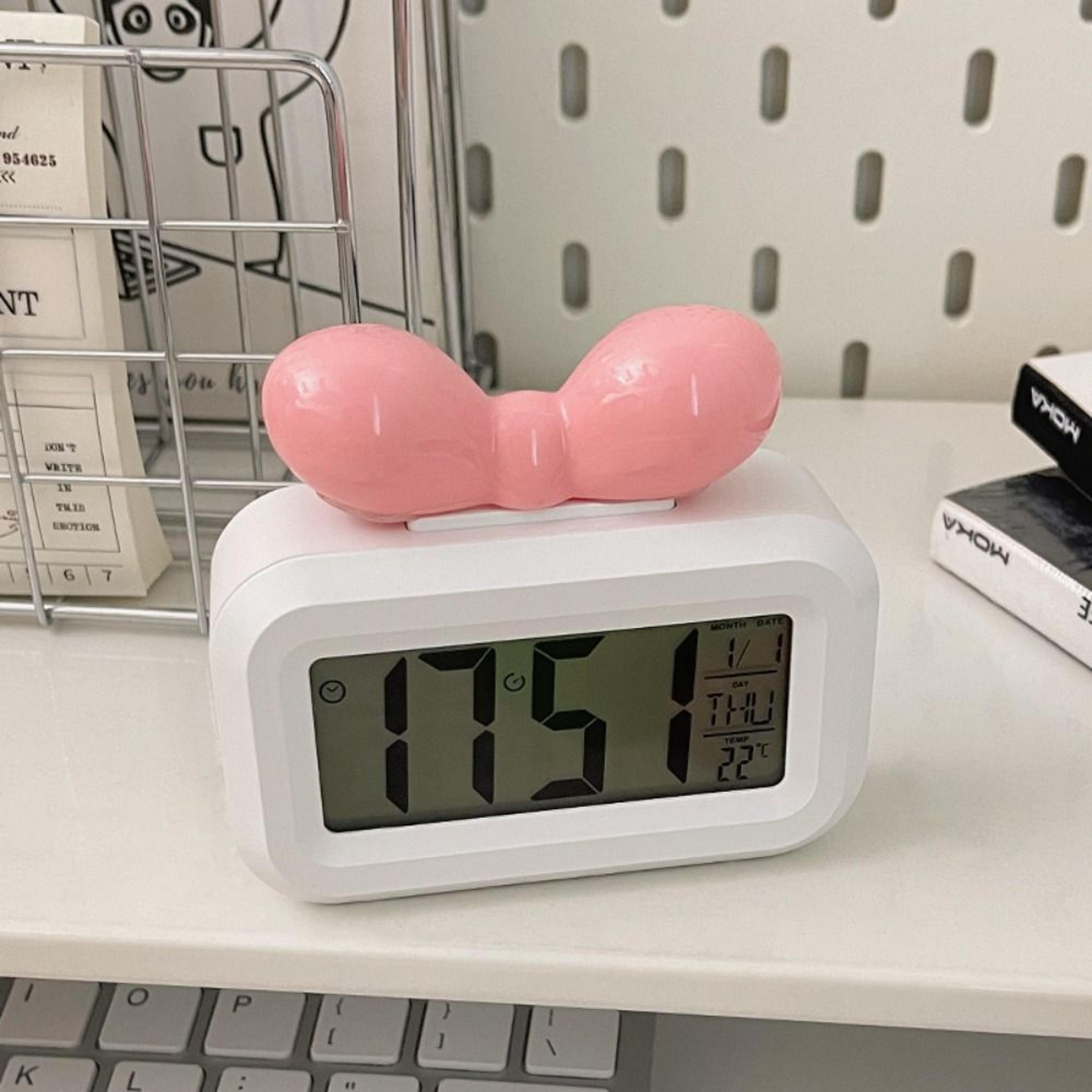 Cute LED Digital Alarm Clock With Bowknot Design Temperature Display Night Light Mini Bedside Clock 3