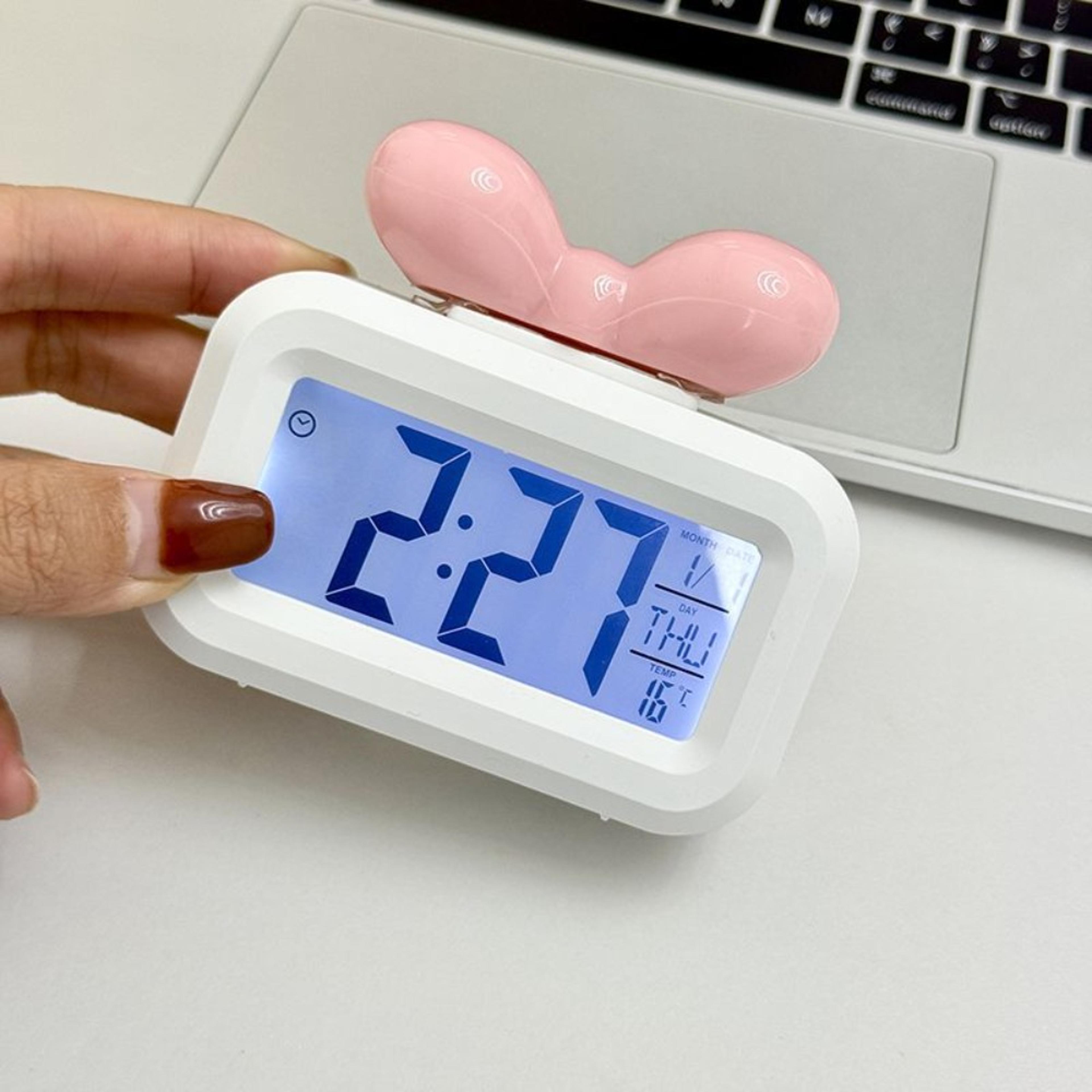 Cute LED Digital Alarm Clock With Bowknot Design Temperature Display Night Light Mini Bedside Clock 1