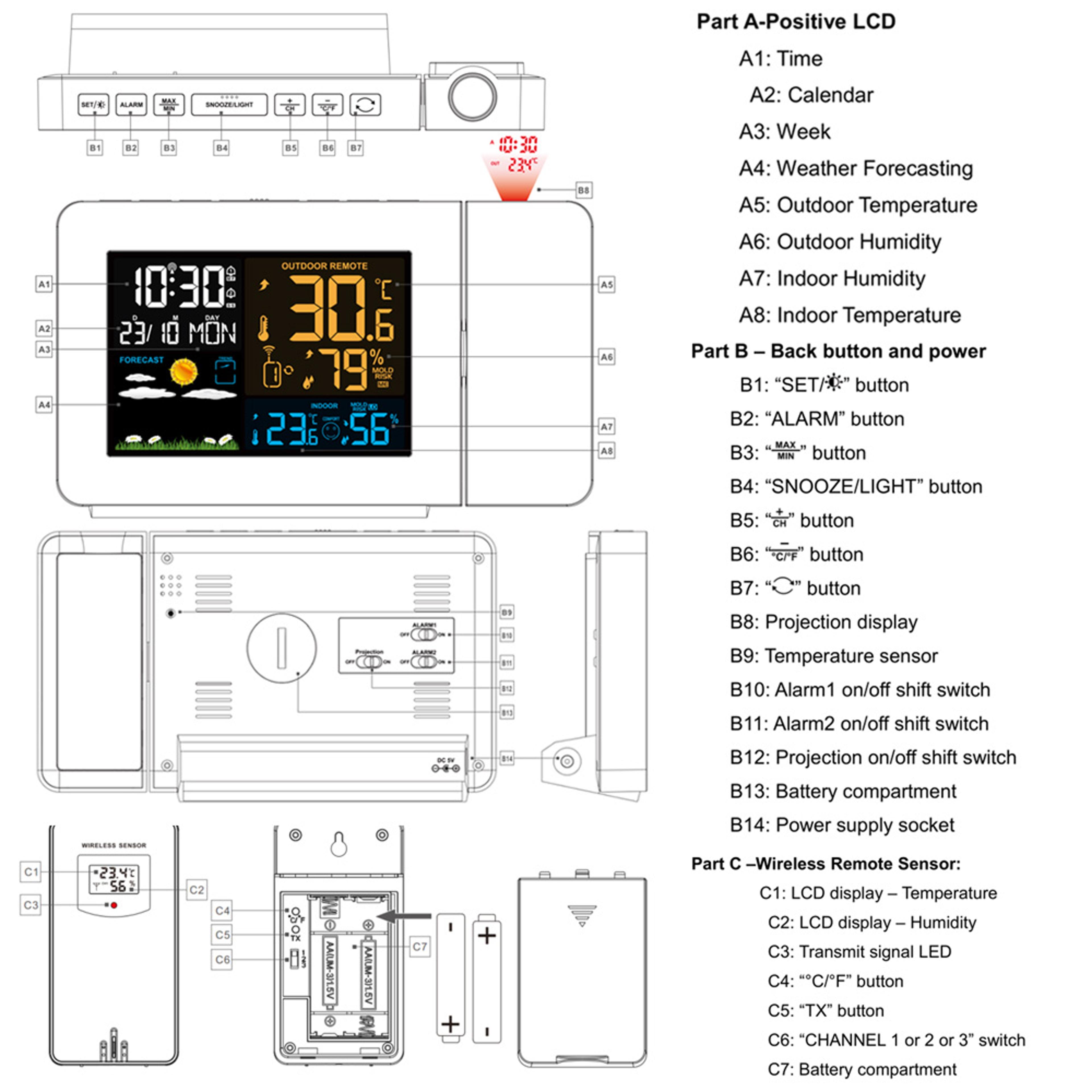 Digital Alarm Clock Weather Station LED Temperature Humidity Display With Projection 4