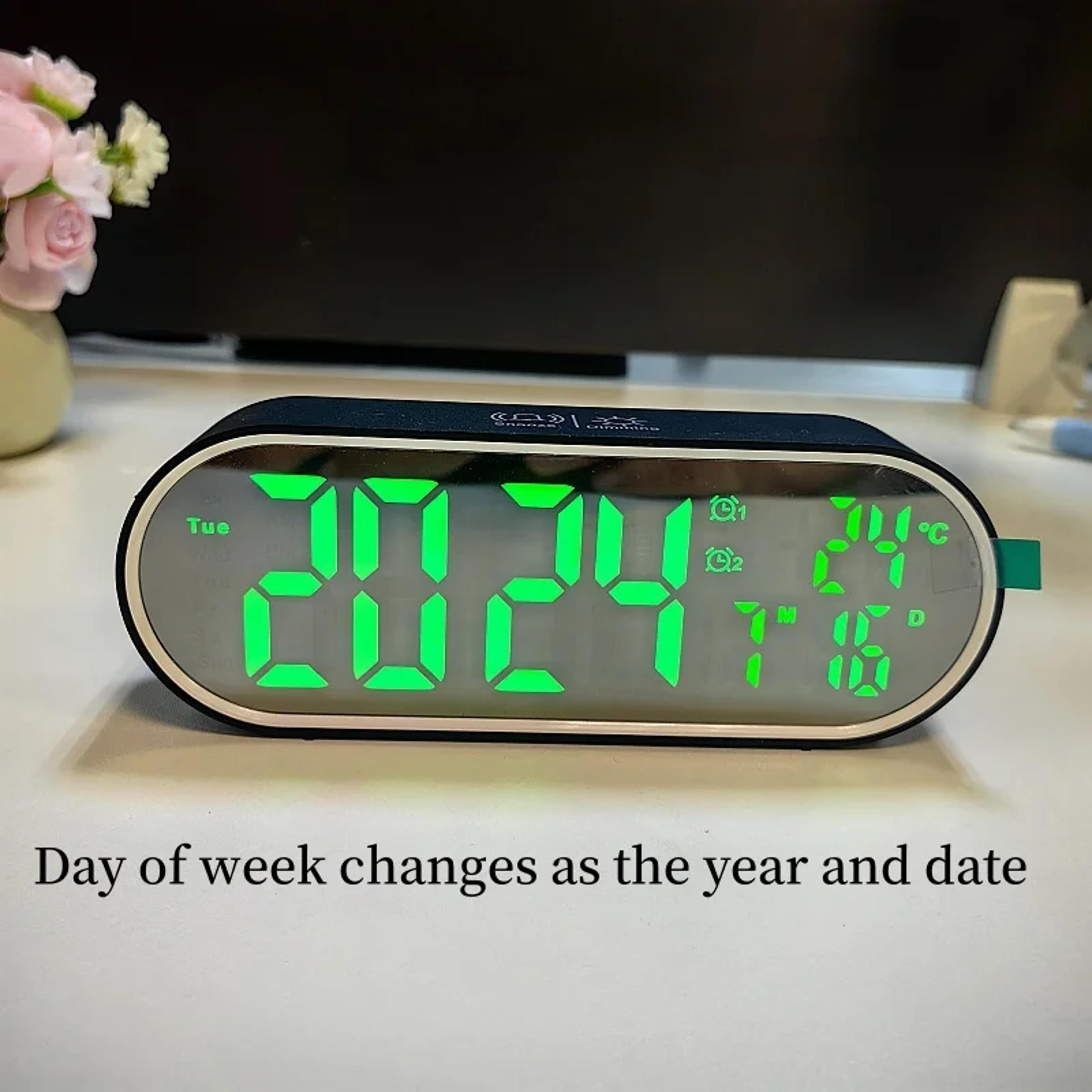 Rechargeable Digital Alarm Clock With LED Mirror Display Voice Control Dual Alarms And Temperature  9