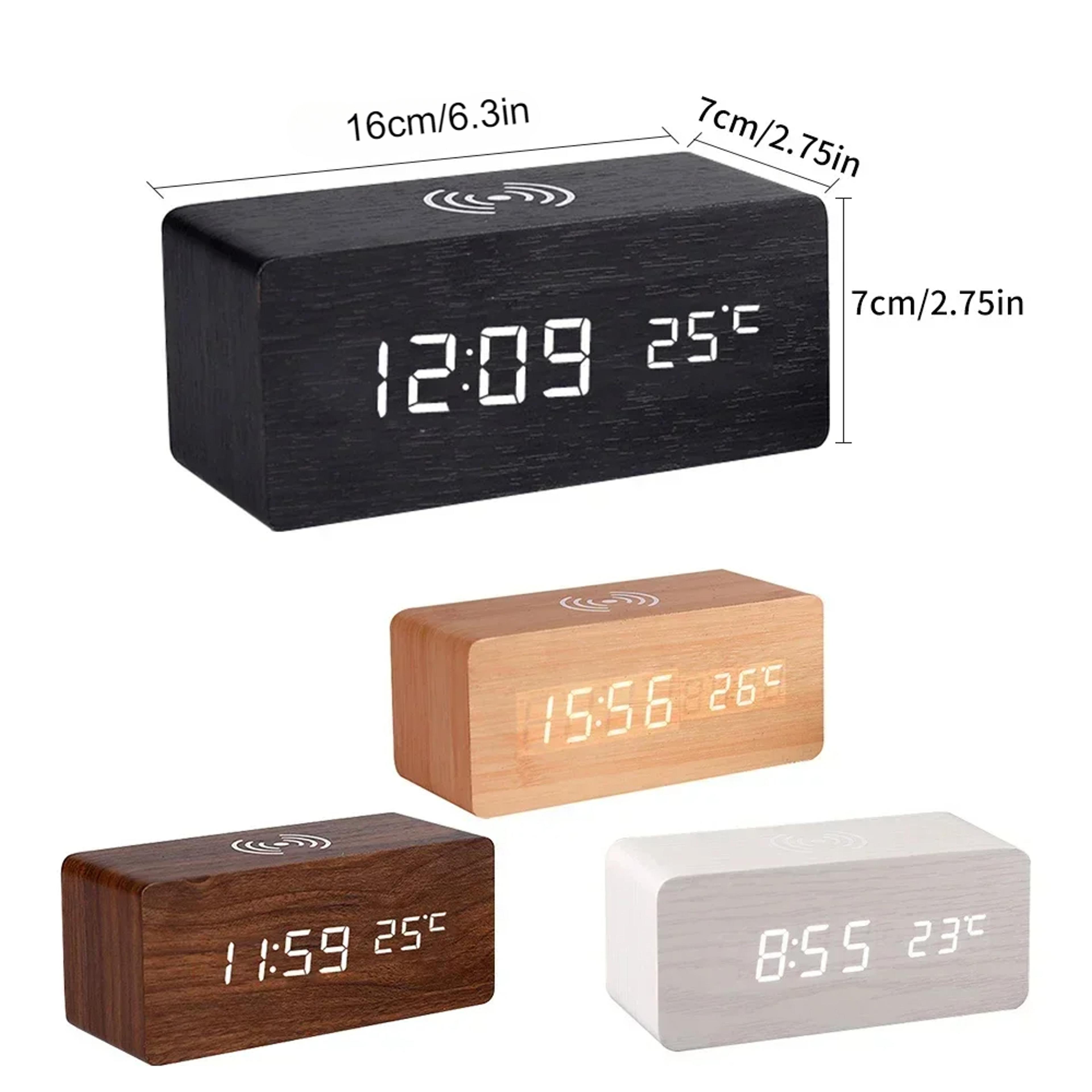 Wooden Digital Alarm Clock Wireless Charging LED Desk Clock With Thermometer 8