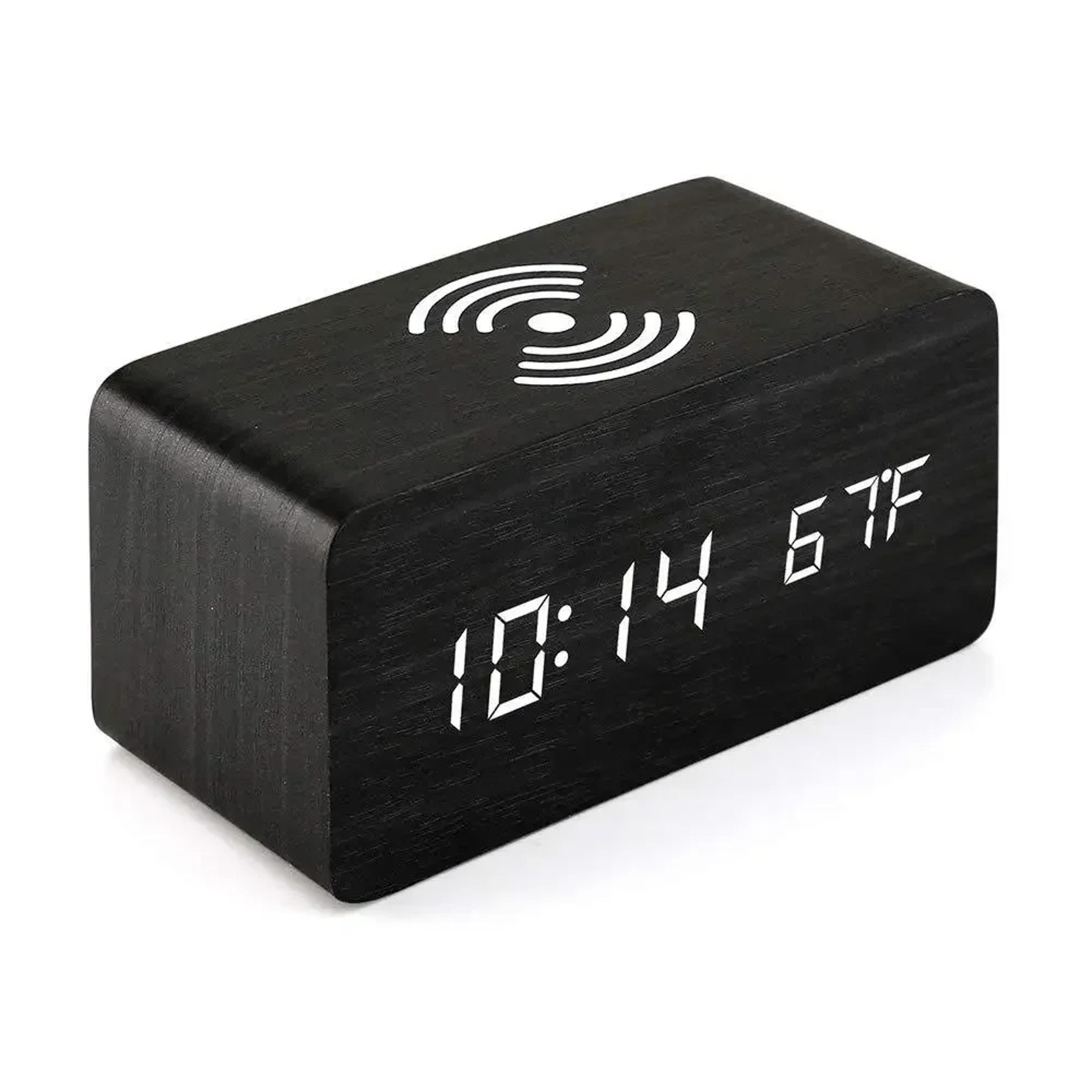 Wooden Digital Alarm Clock With Wireless Charging LED Bedside Clock Temperature And Humidity Displa