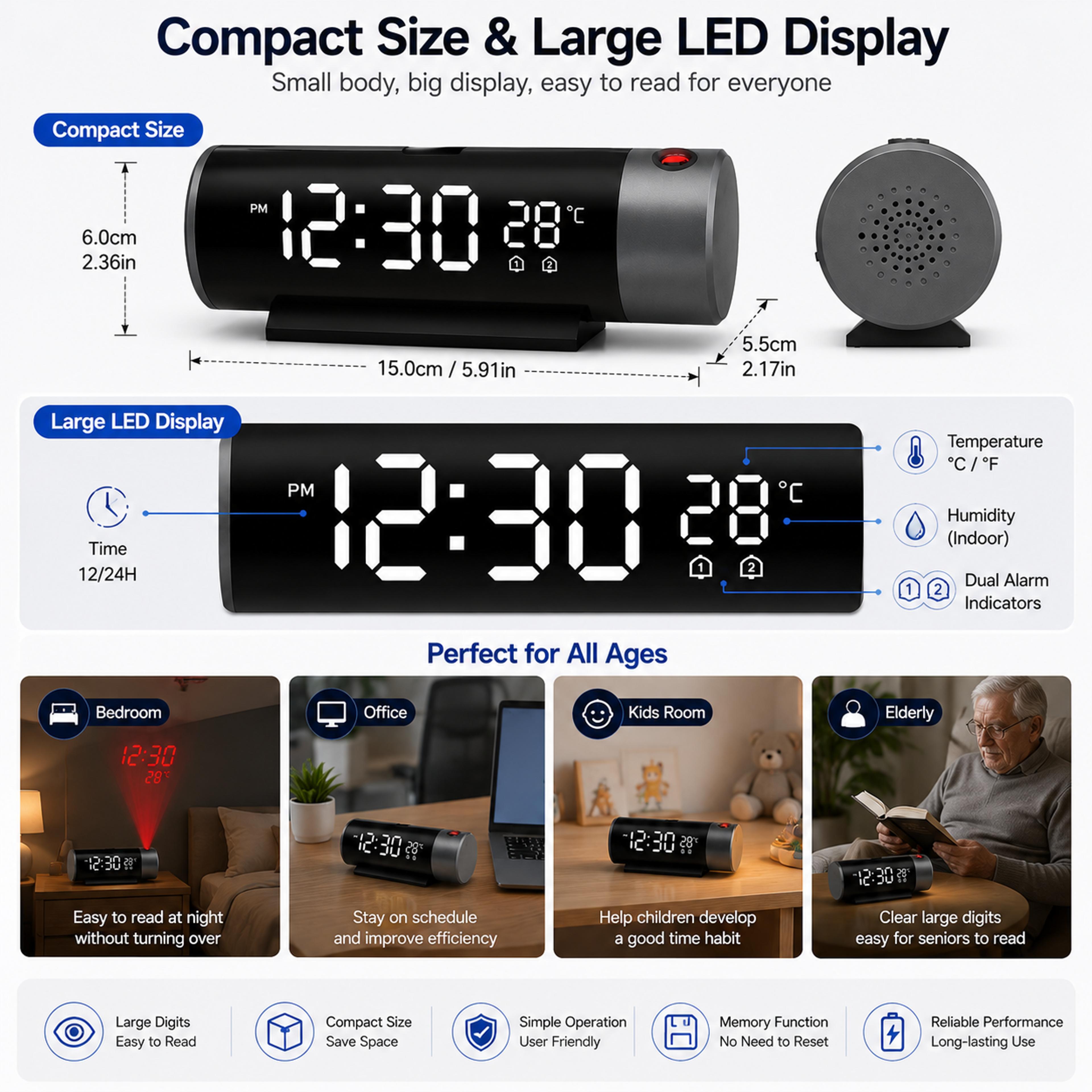 Projection Alarm Clock With Digital LED Display Ceiling Projection Clock Dual Alarm Temperature Dis 6
