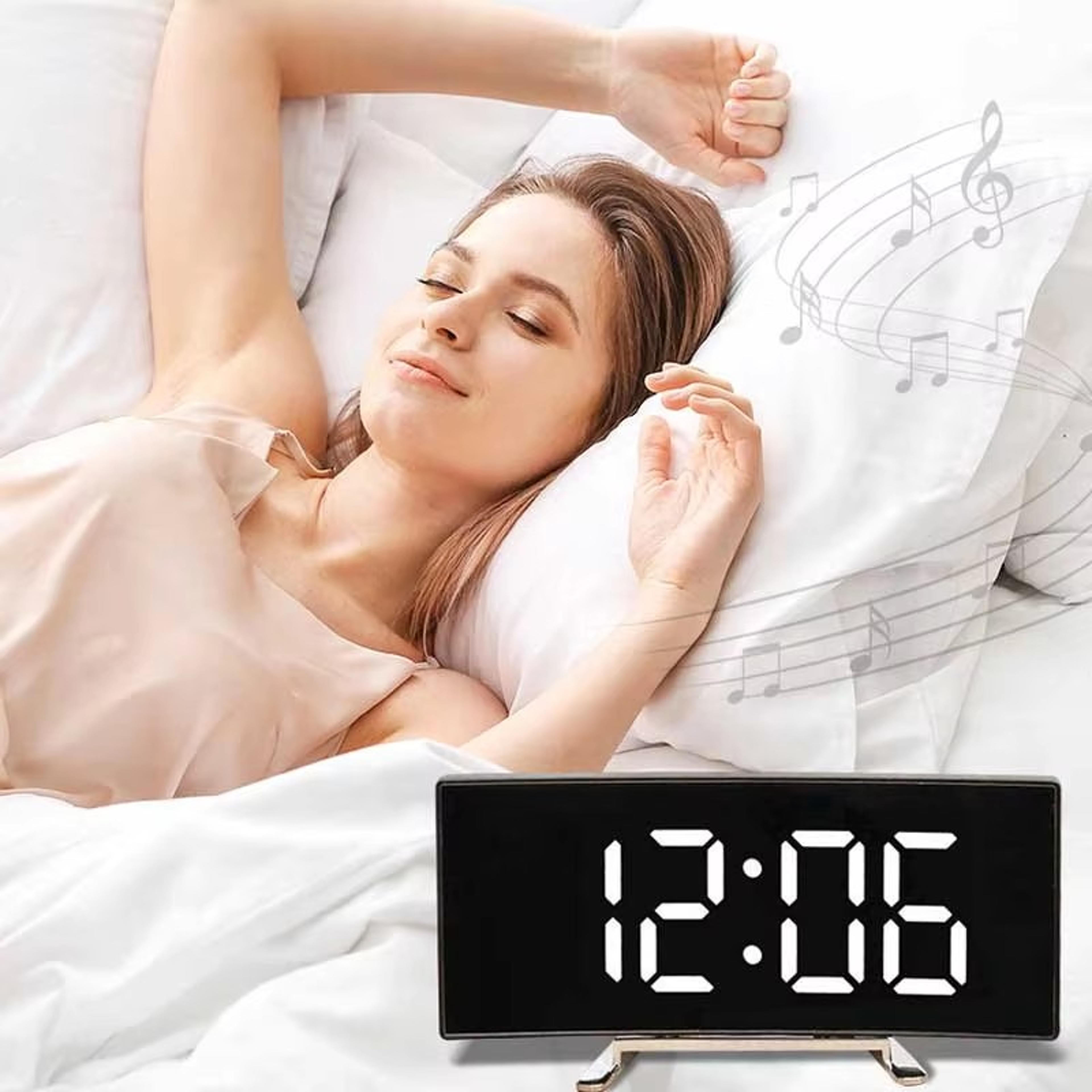 LED Digital Alarm Clock With Mirror Display Large Curved Screen Modern Desk Clock For Bedroom Offic 0
