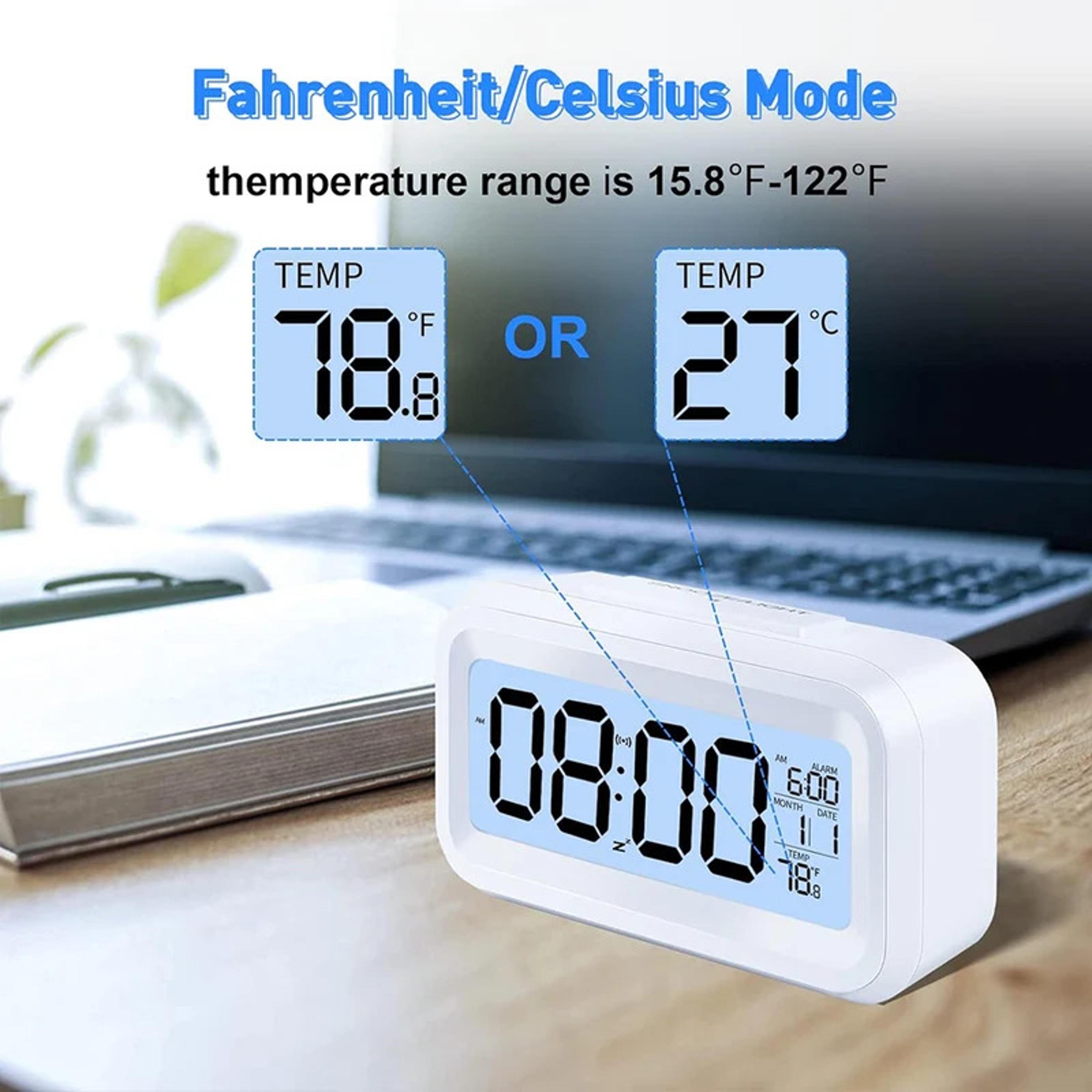 Digital Alarm Clock Battery Powered LCD Bedside Clock With Temperature Date 3 Alarms And Snooze 5