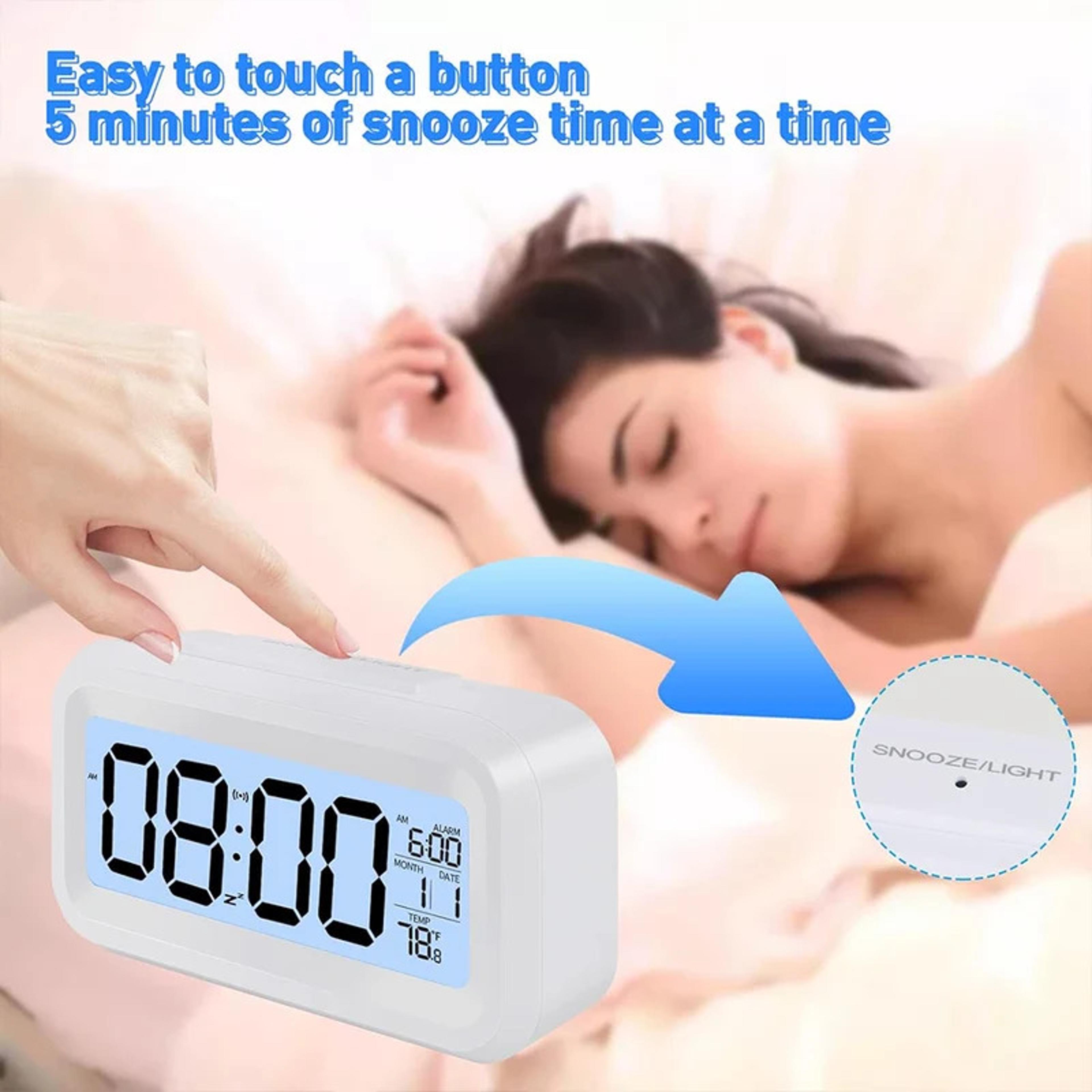 Digital Alarm Clock Battery Powered LCD Bedside Clock With Temperature Date 3 Alarms And Snooze 6