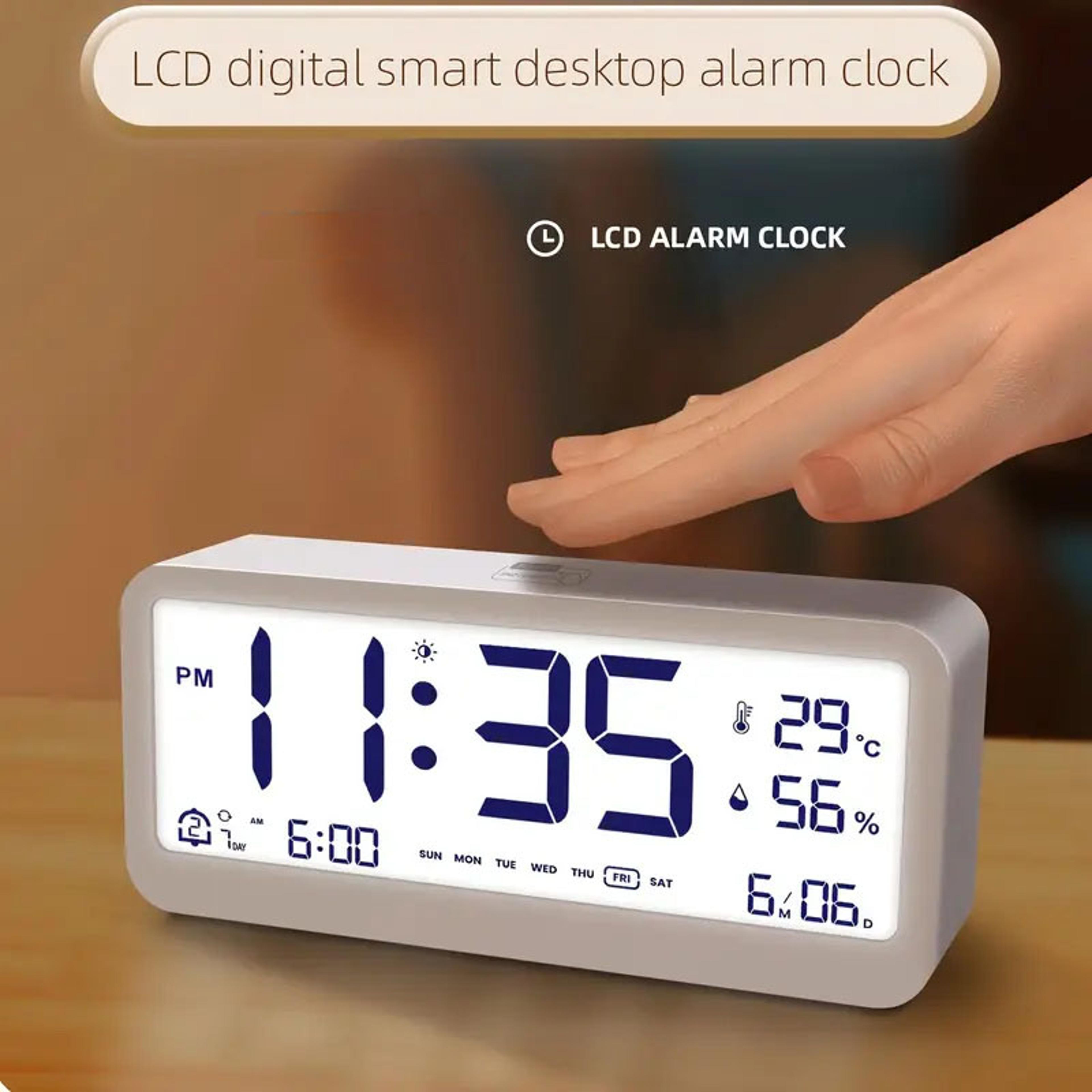 Smart LCD Digital Alarm Clock With Temperature Humidity Display Silent Bedside Calendar Clock With  1