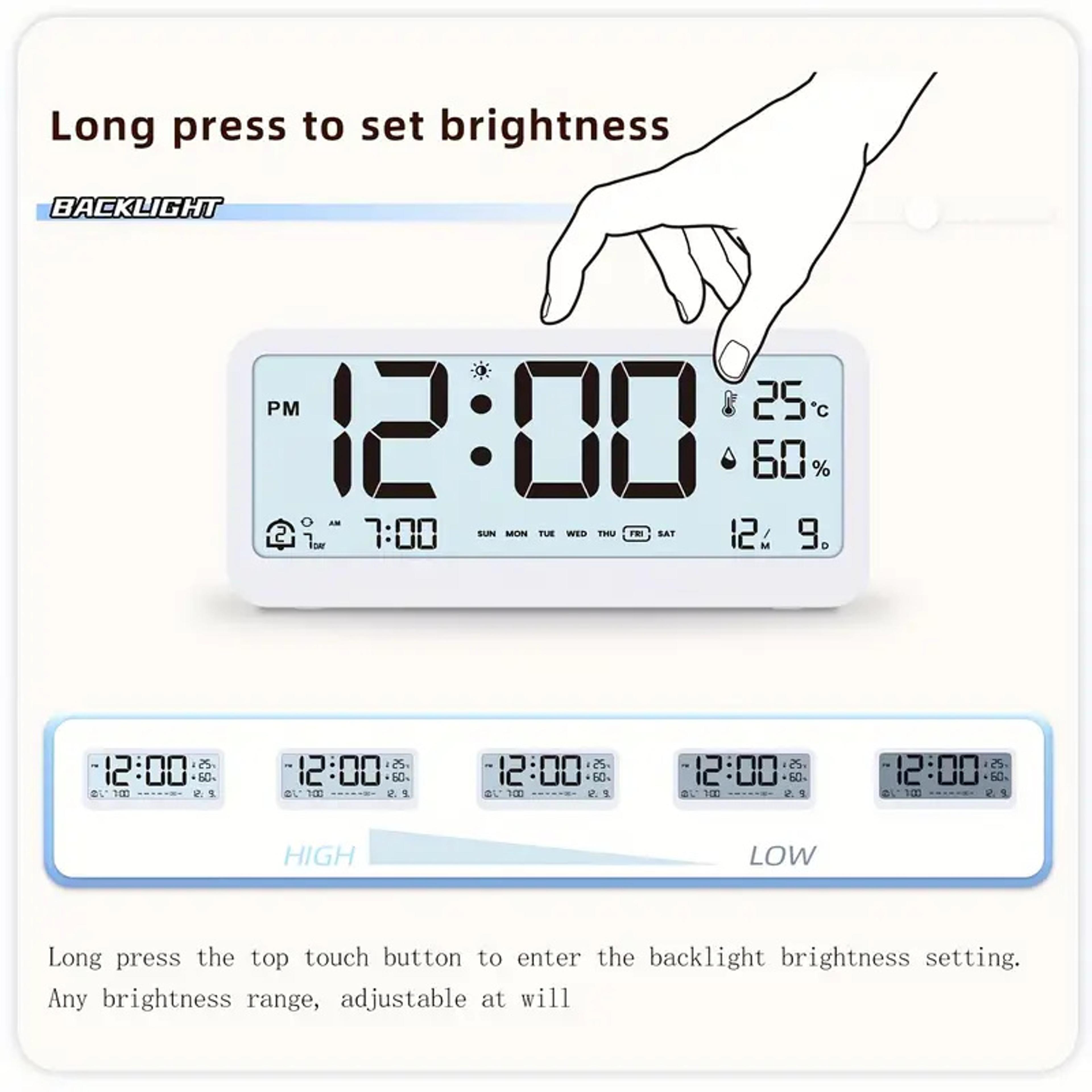 Smart LCD Digital Alarm Clock With Temperature Humidity Display Silent Bedside Calendar Clock With  5