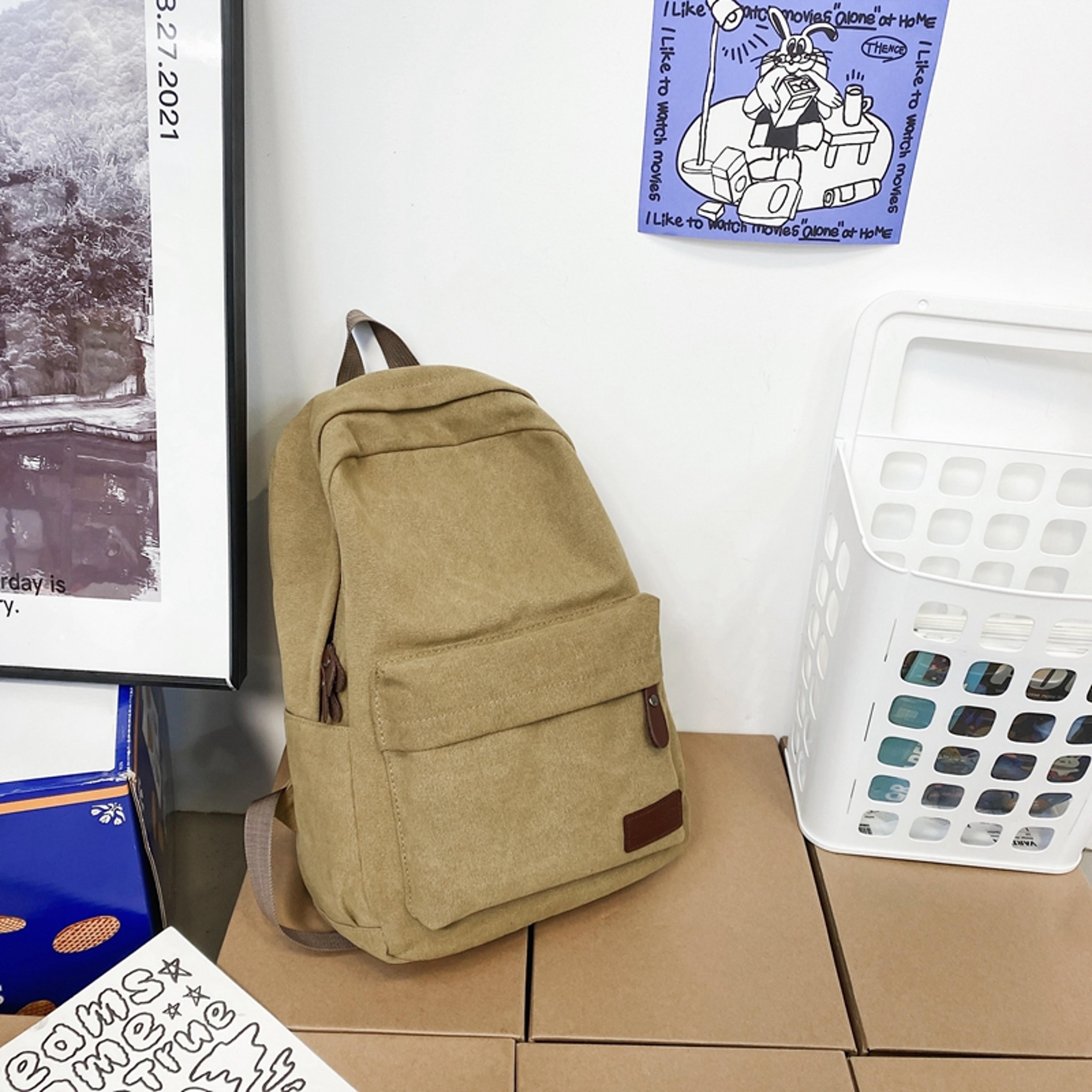 Solid Black Cotton Canvas Backpack Large Capacity Travel School Bag 6
