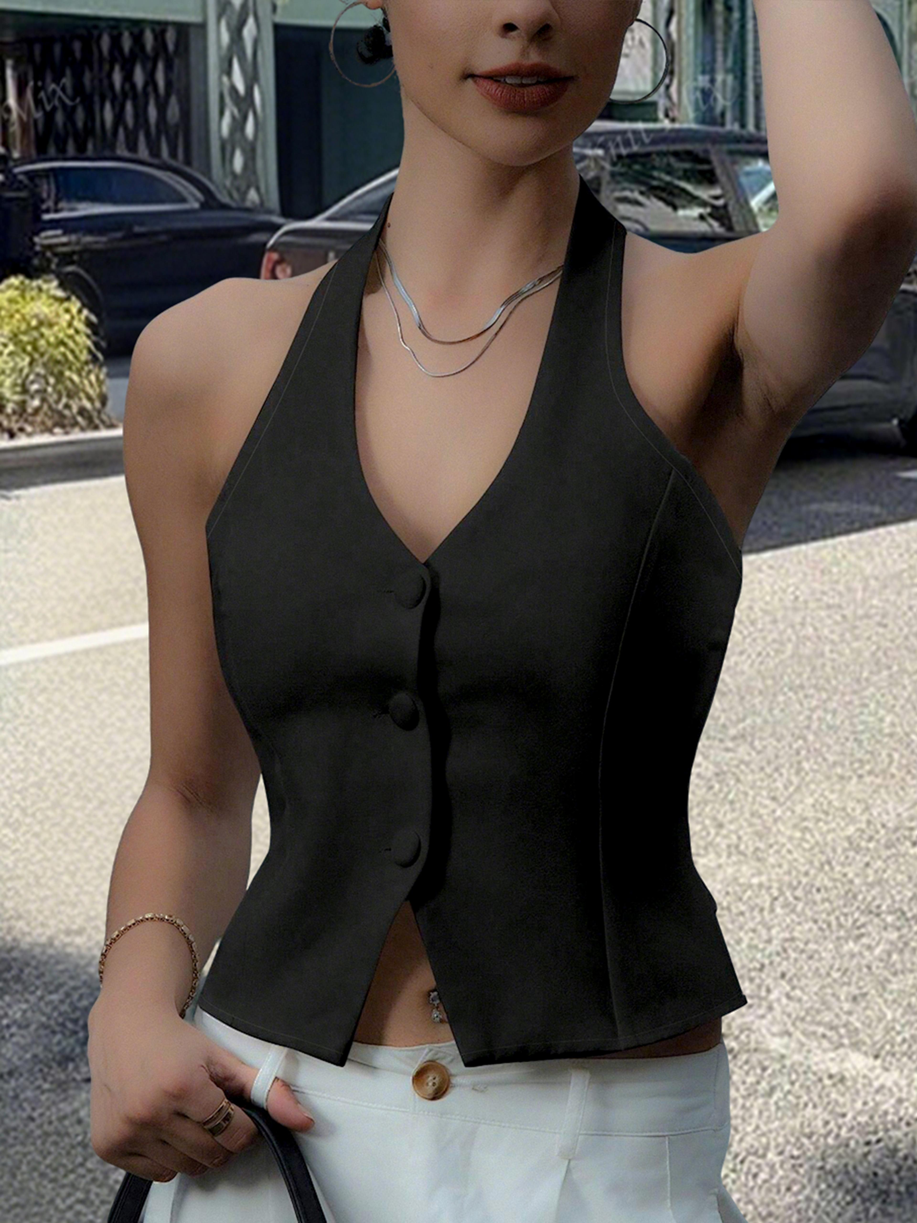 Black Halter Button Vest Crop Top For Women 3