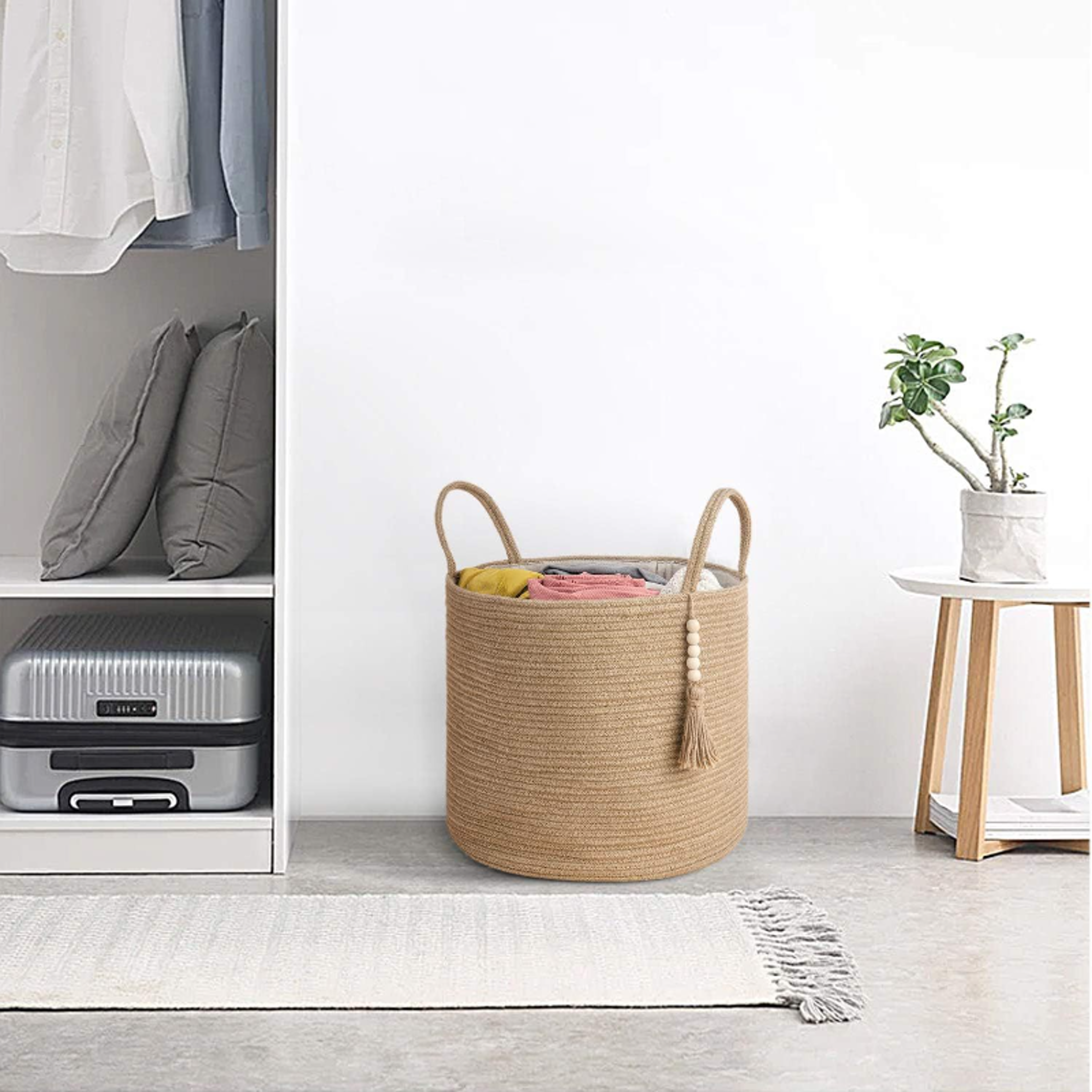 Large Cotton Rope Storage Basket Woven Laundry Hamper And Blanket Organizer 0
