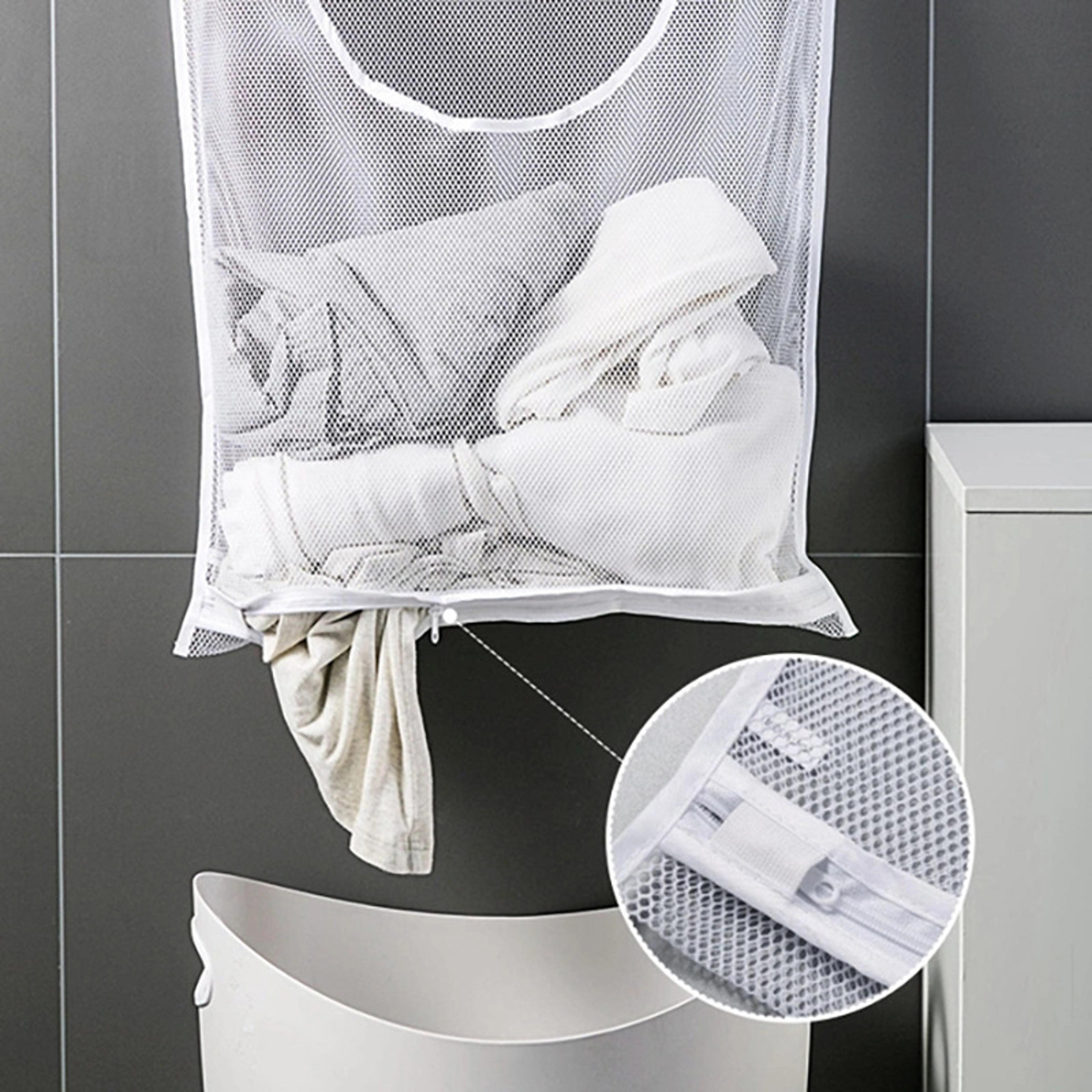 Space Saving Wall Mounted Laundry Hamper Foldable Mesh Hanging Laundry Basket With Hook 4