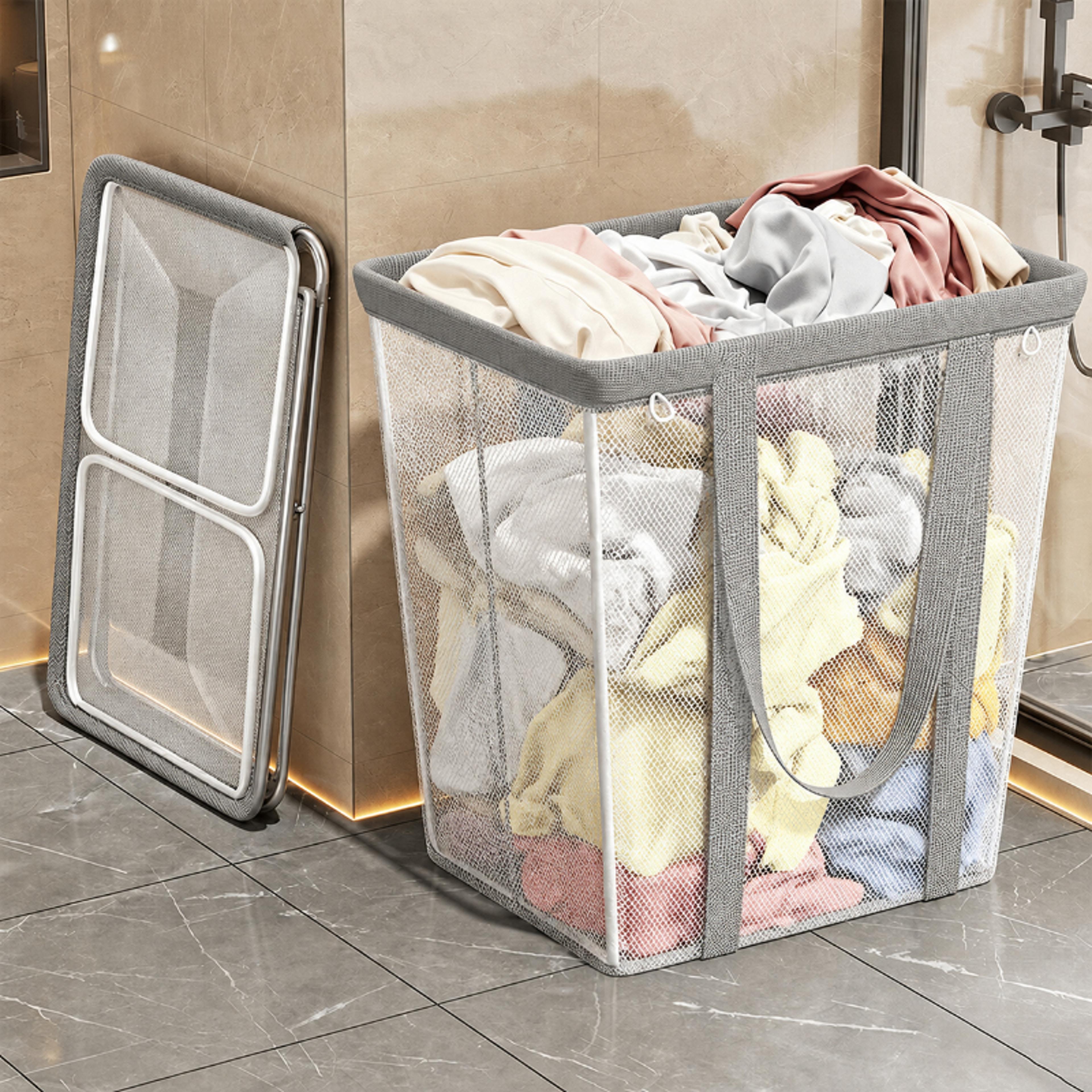 Foldable Mesh Laundry Basket Portable Collapsible Hamper With Carry Handles 2