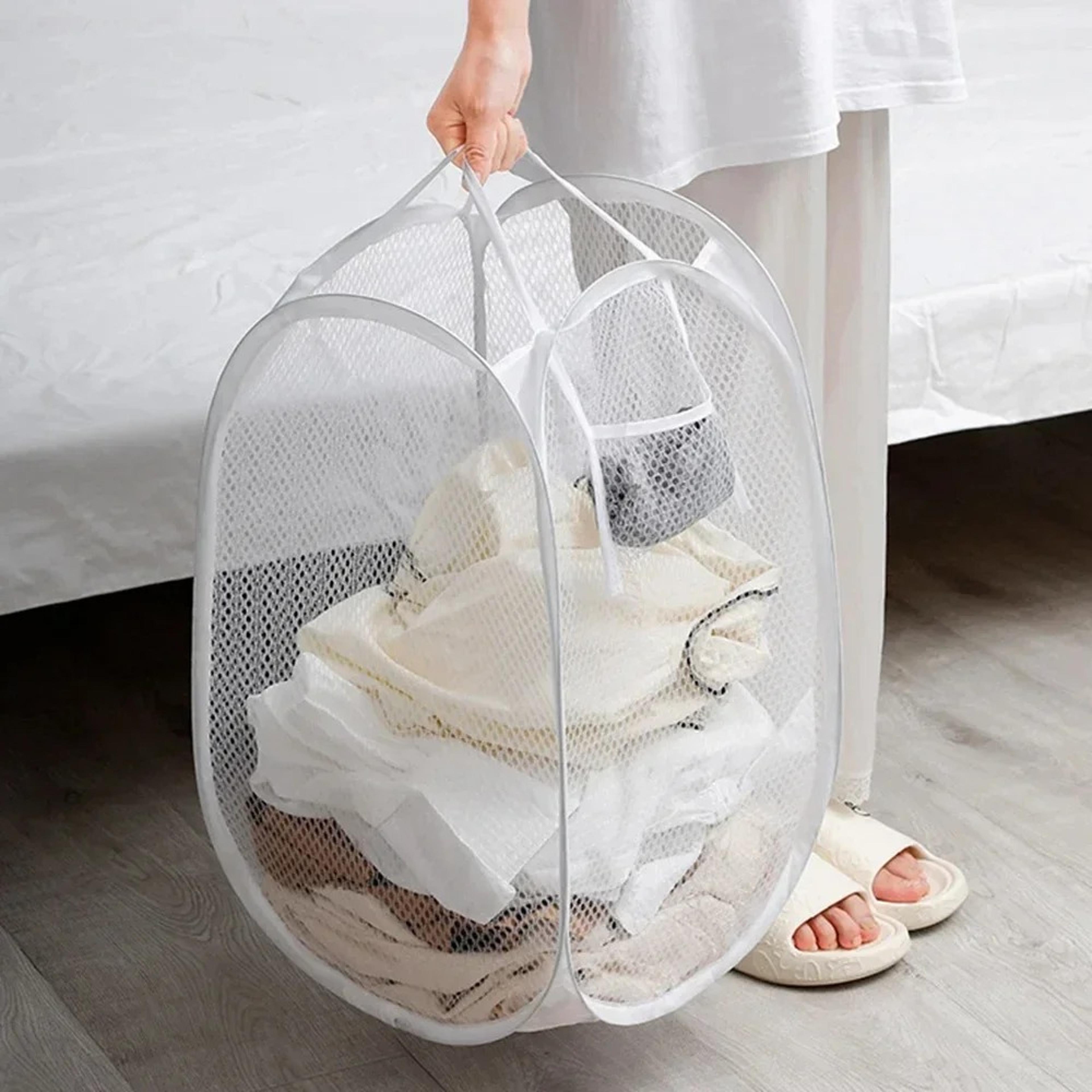 Pop Up Mesh Laundry Hamper Foldable Laundry Basket With Side Pocket 4