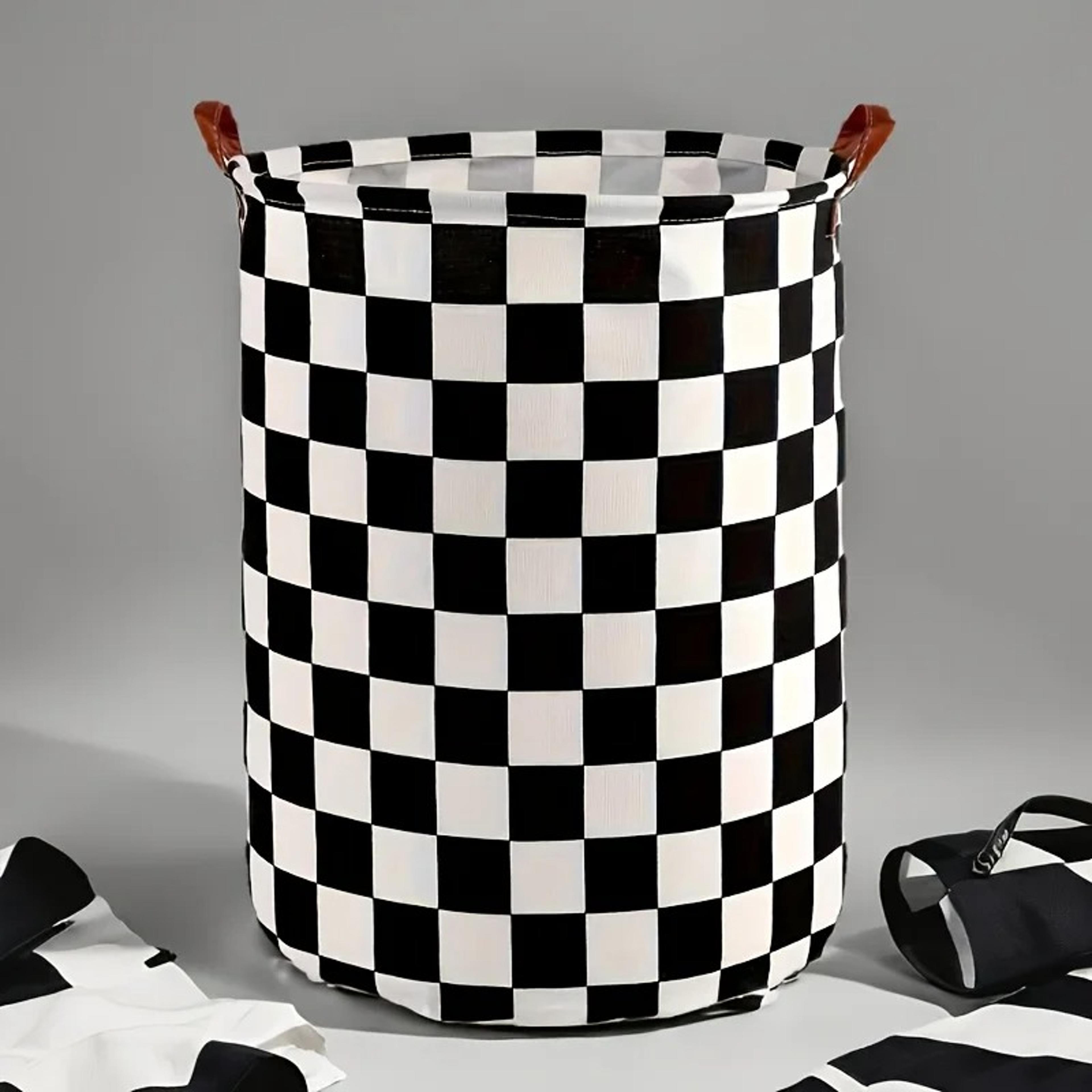 Black White Checkered Laundry Basket Foldable Toy Storage Hamper 3