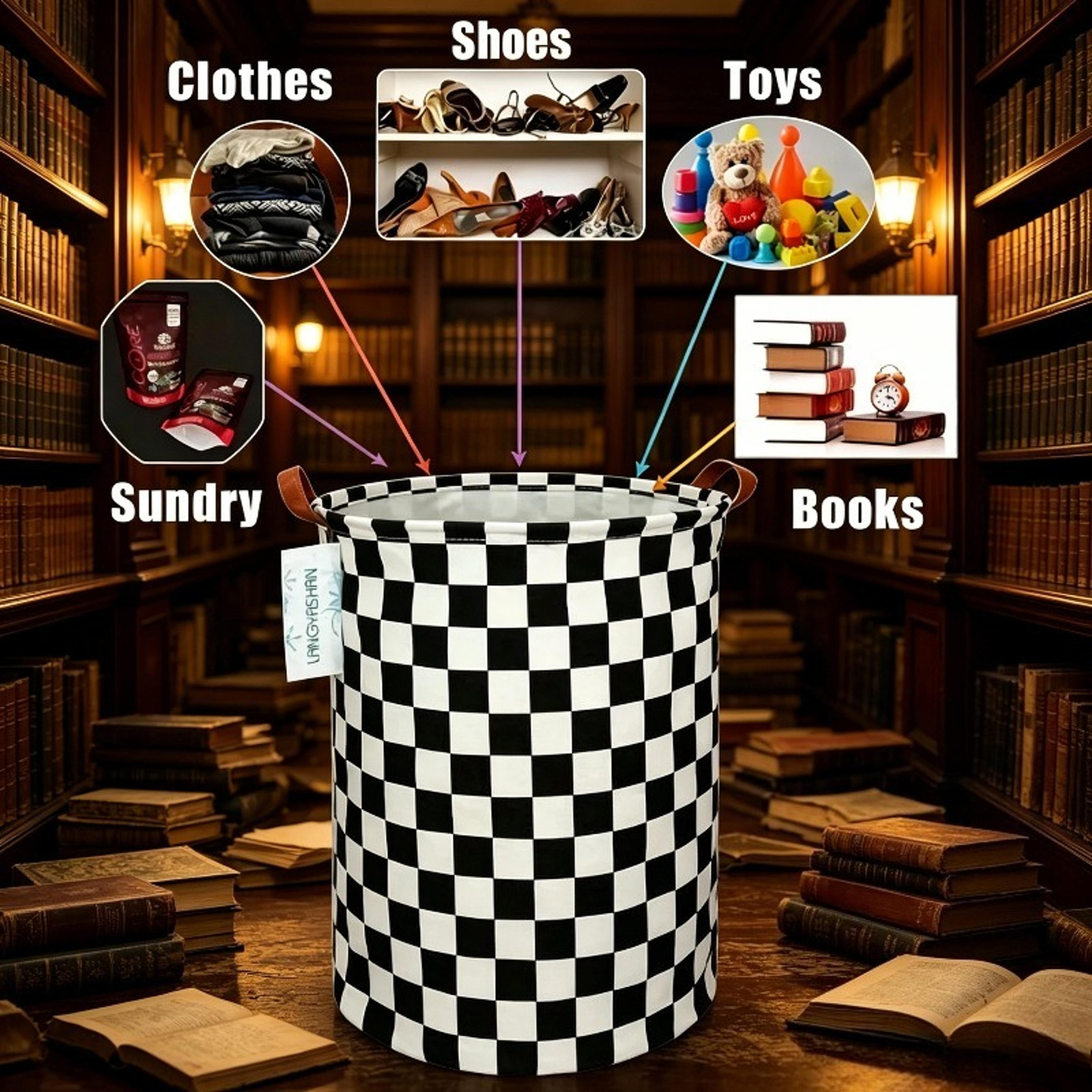 Black White Checkered Laundry Basket Foldable Toy Storage Hamper 4