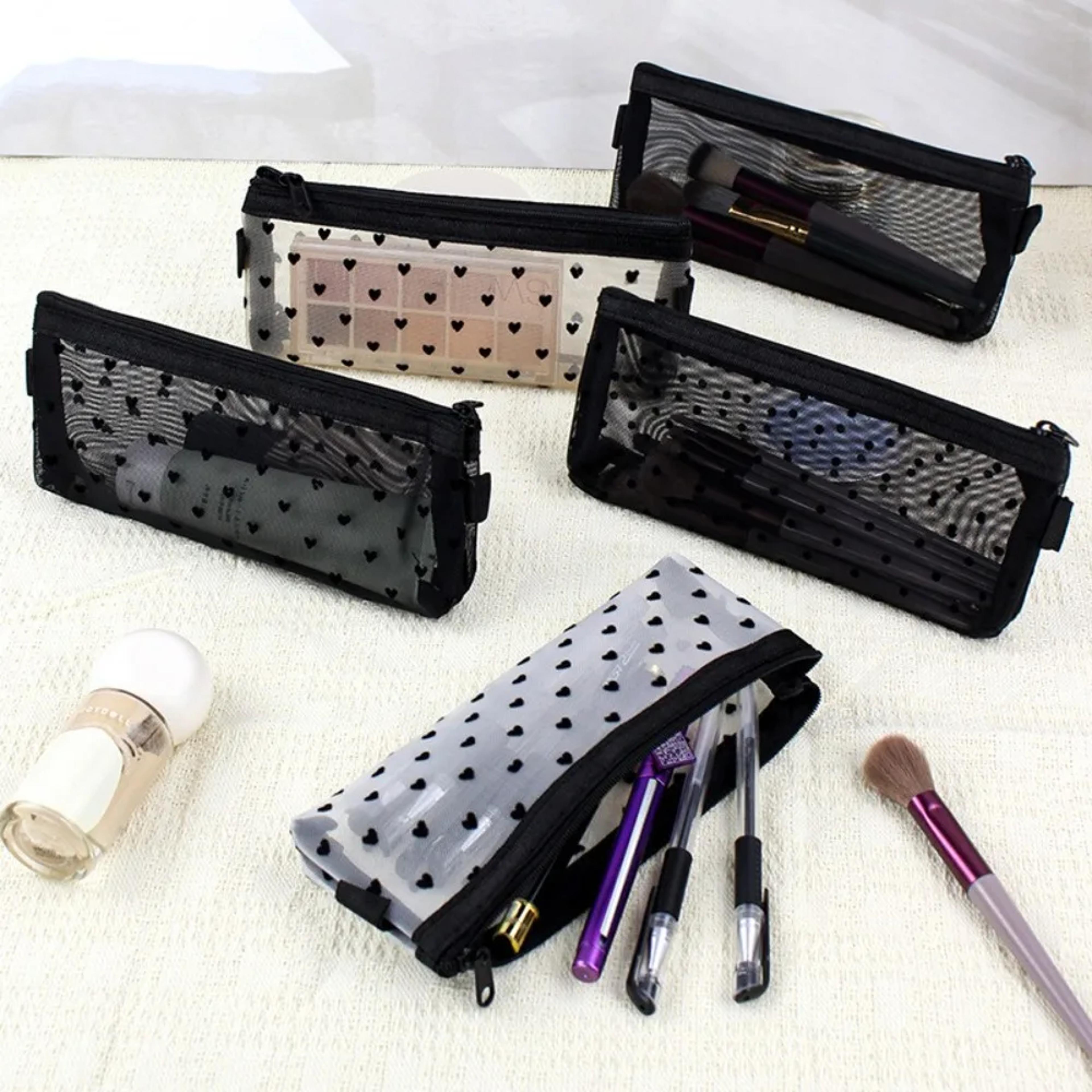 Cute Heart Print Transparent Mesh Makeup Bag Zipper Pencil Case Pouch 5