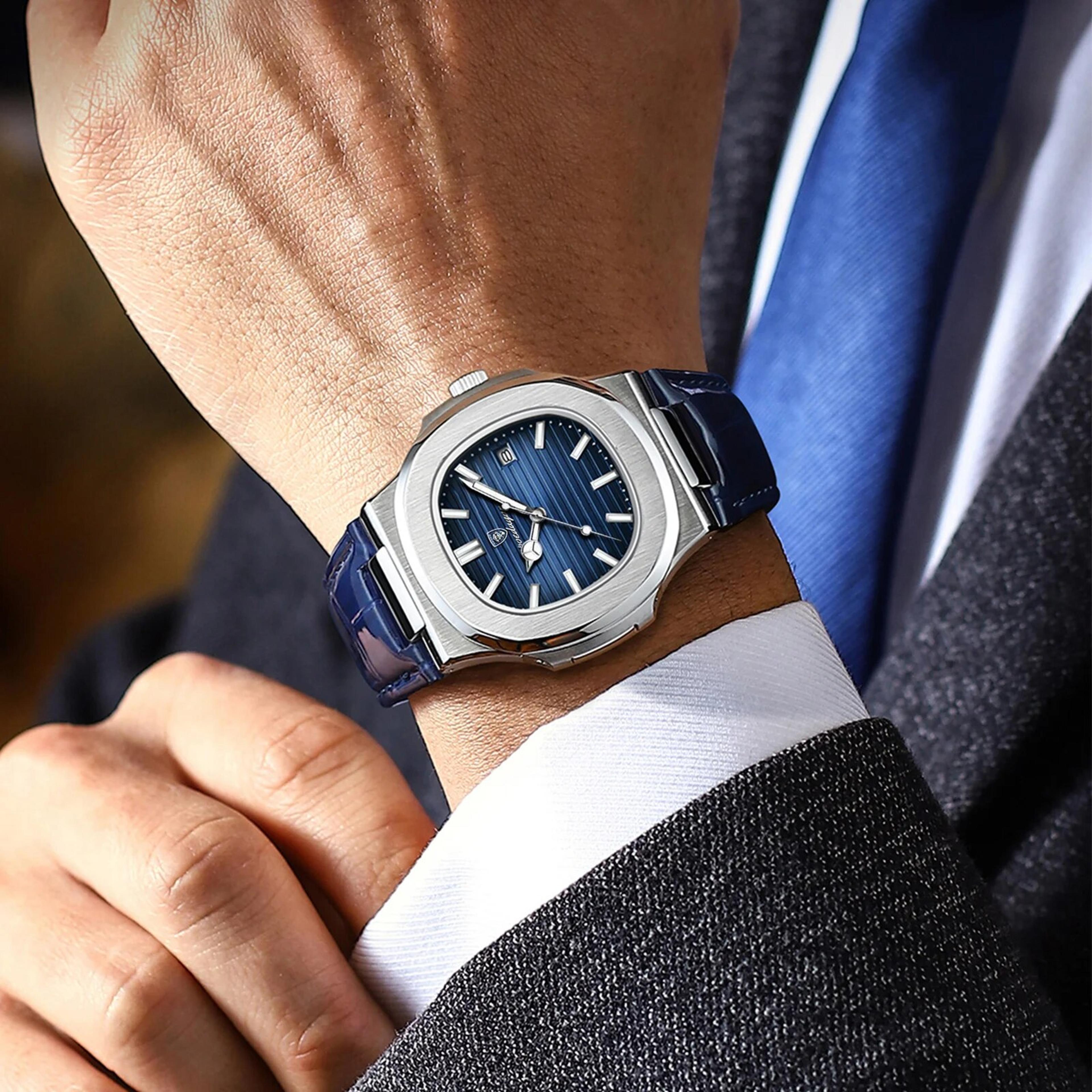 Men Square Leather Quartz Watch With Luminous Date Display 10