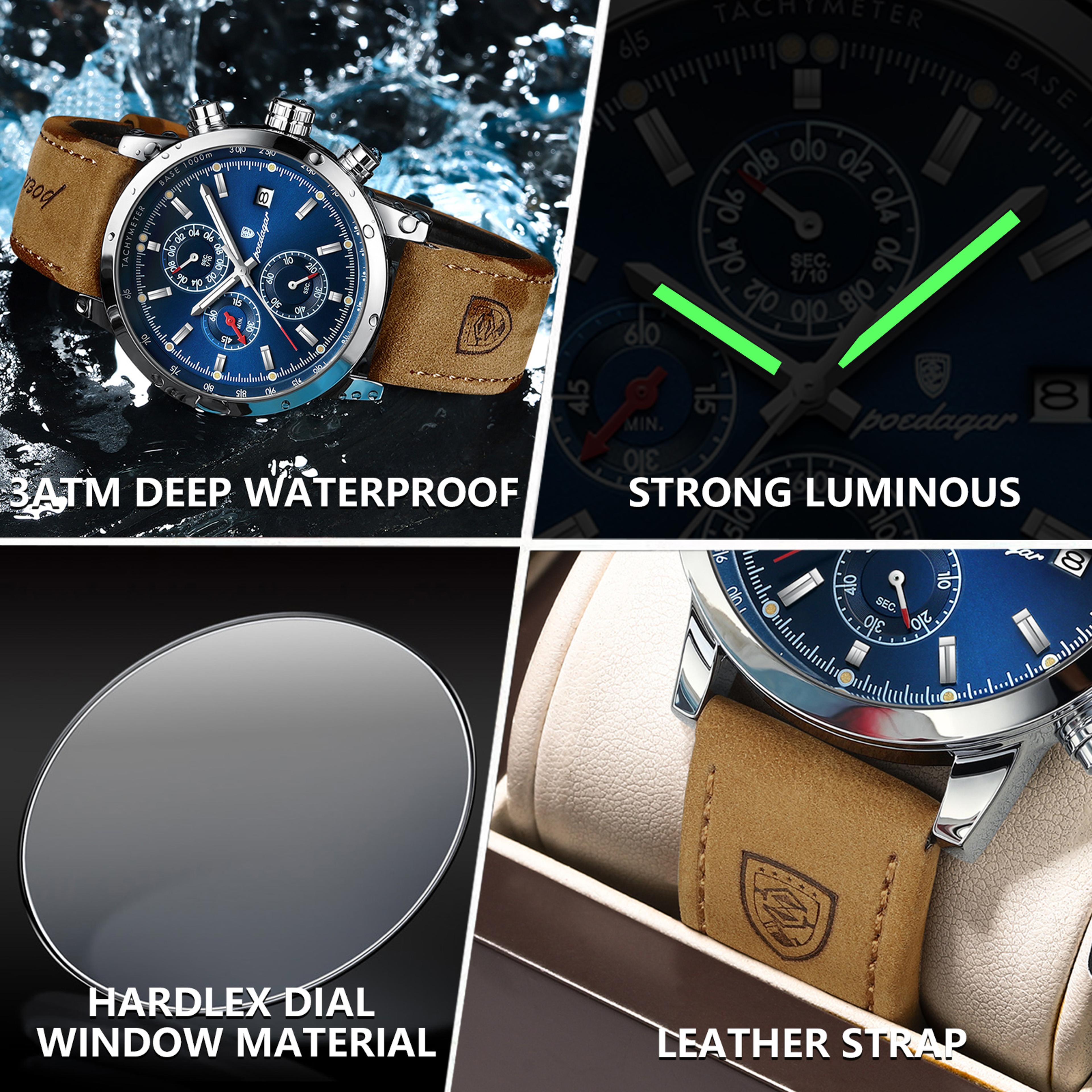 Mens Chronograph Watch With Leather Strap Luminous Date Display 7