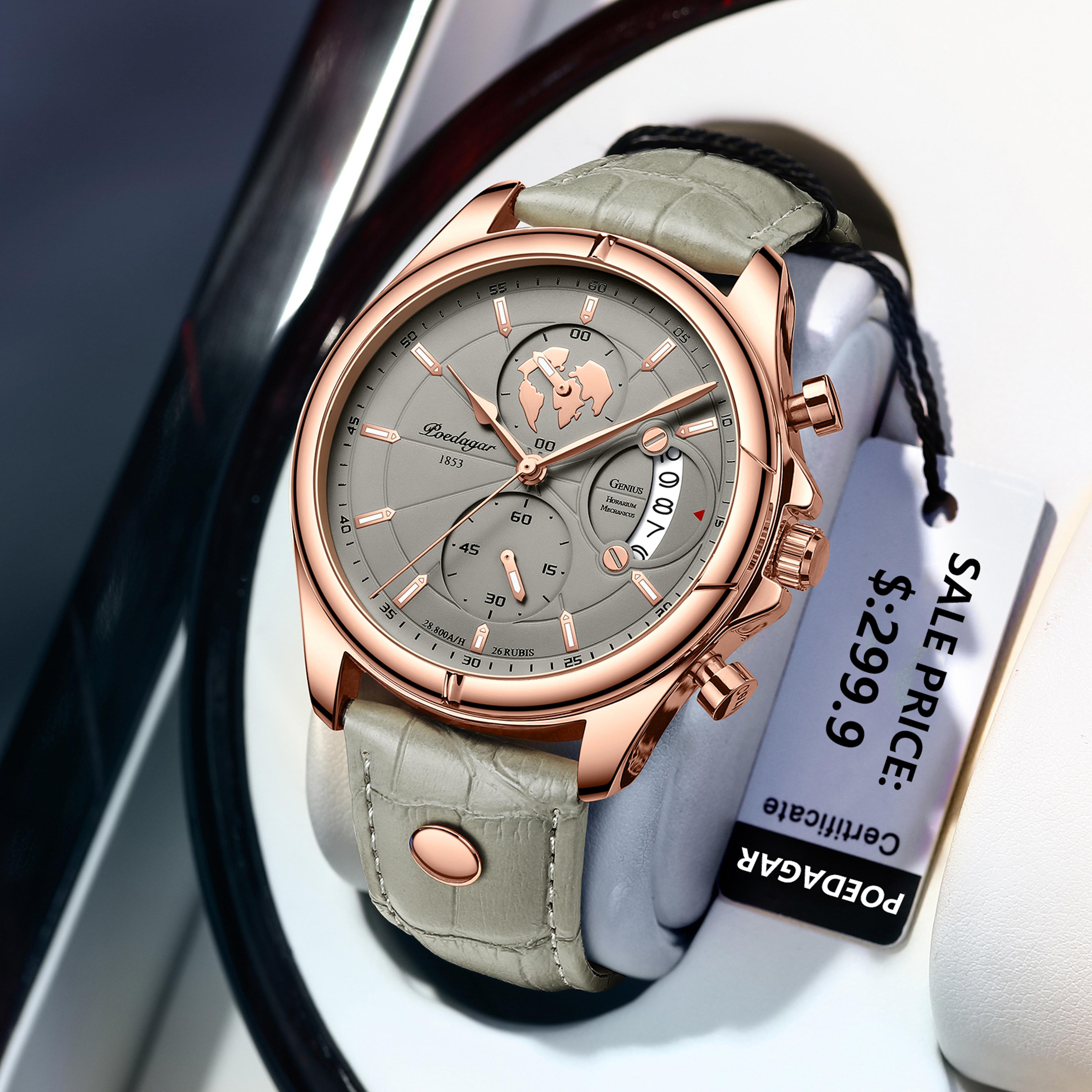Mens Chronograph Watch Waterproof Quartz Leather Strap Date Display 8