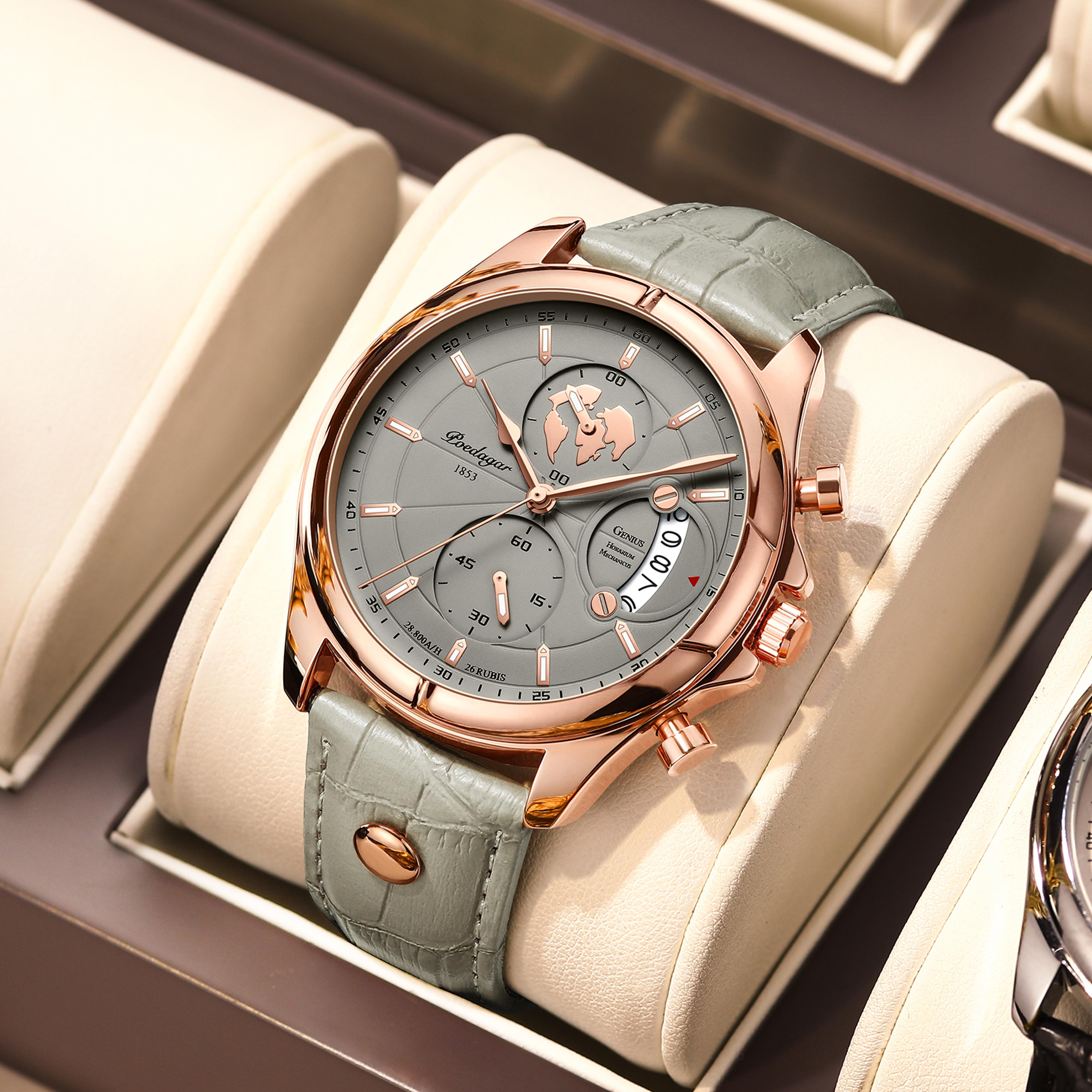 Mens Chronograph Watch Waterproof Quartz Leather Strap Date Display 9