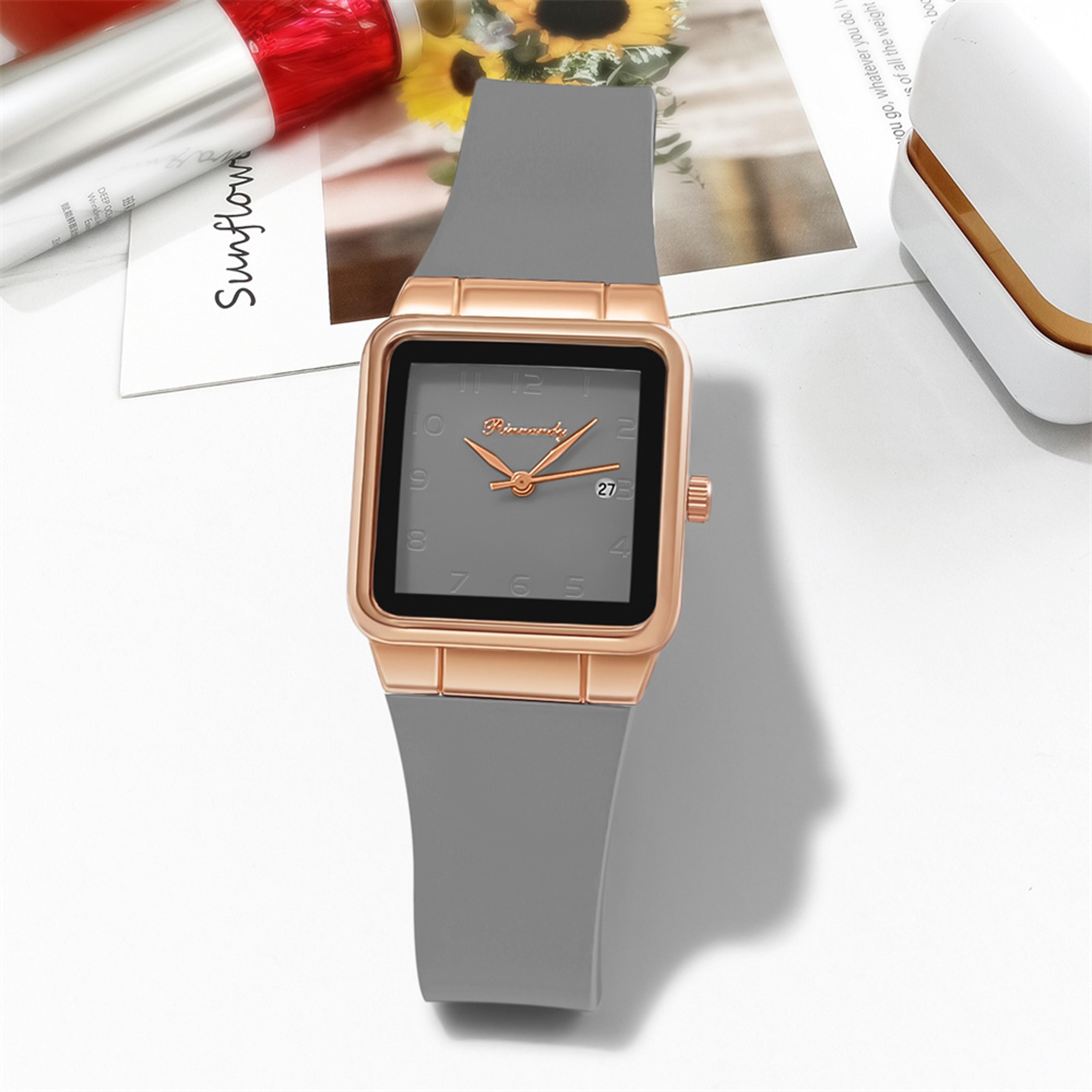 Simple Rectangle Ladies Quartz Watch With Silicone Strap Calendar Design 3
