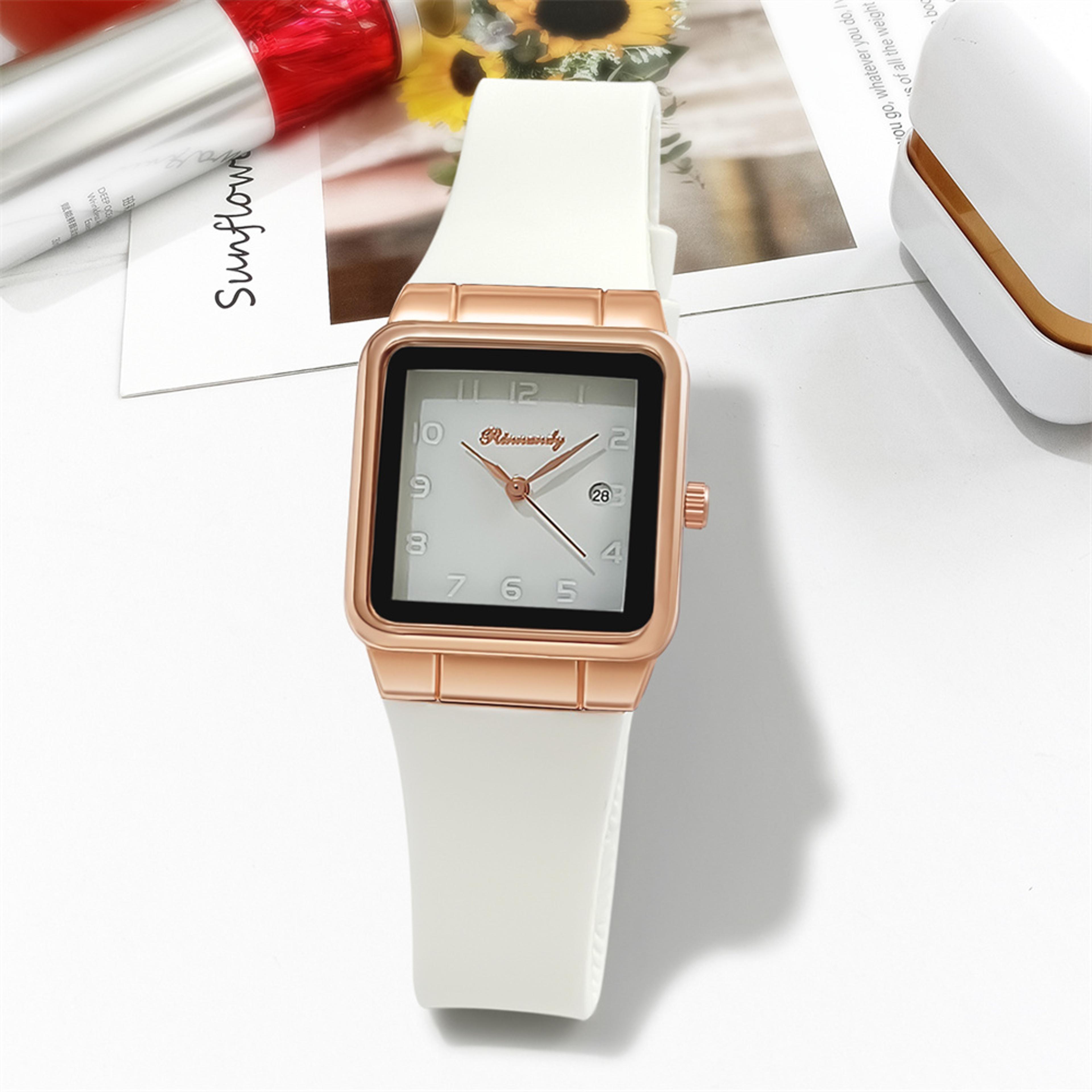 Simple Rectangle Ladies Quartz Watch With Silicone Strap Calendar Design 4